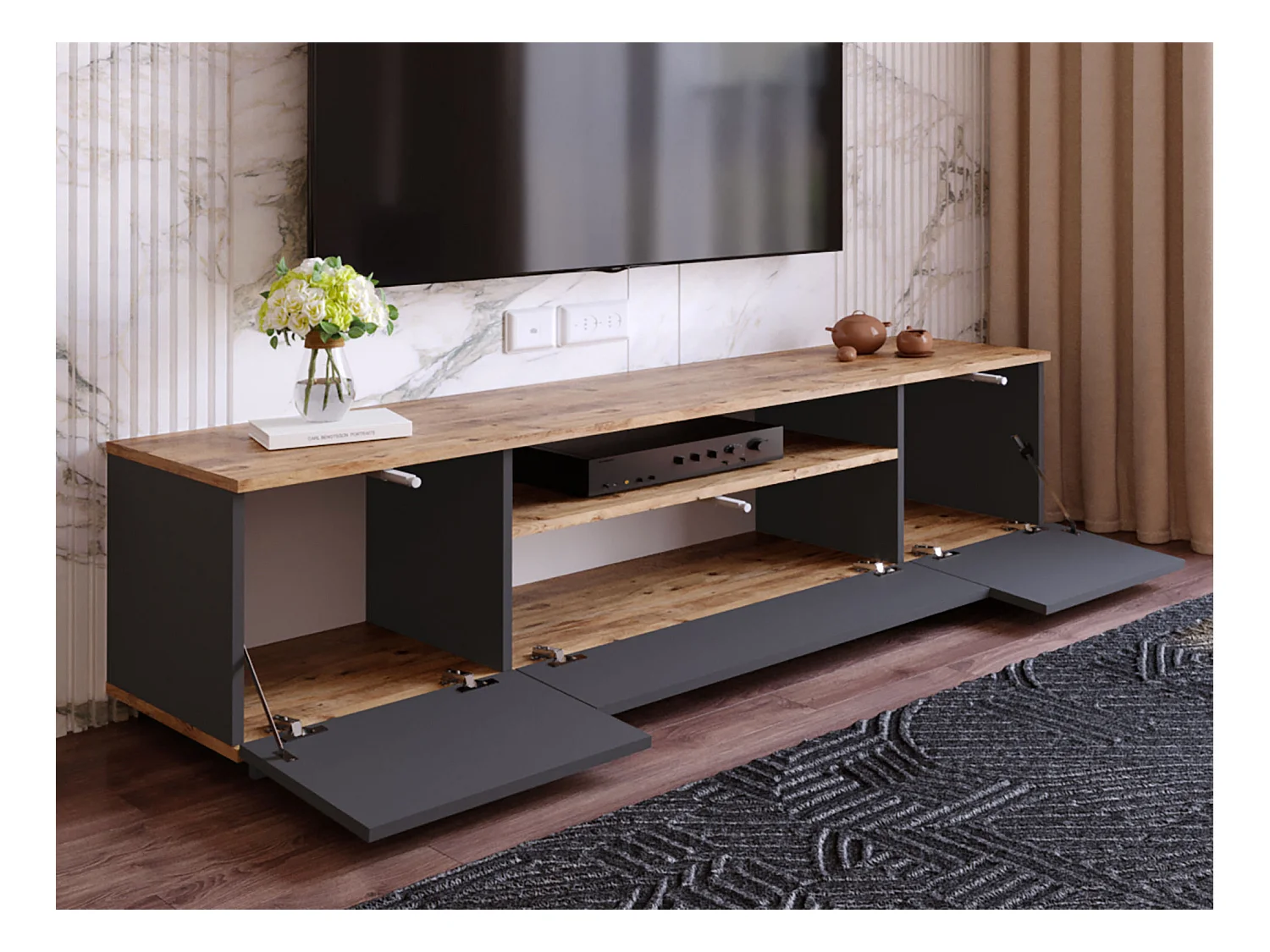 TV-møbel med 3 låger og opbevaring i antracitgrå og naturfarve LOTULA