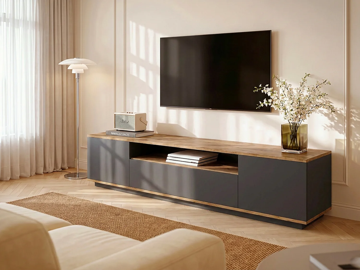 TV Unit with 3 doors and 1 compartment - Anthracite and Light Natural colour - LOTULA