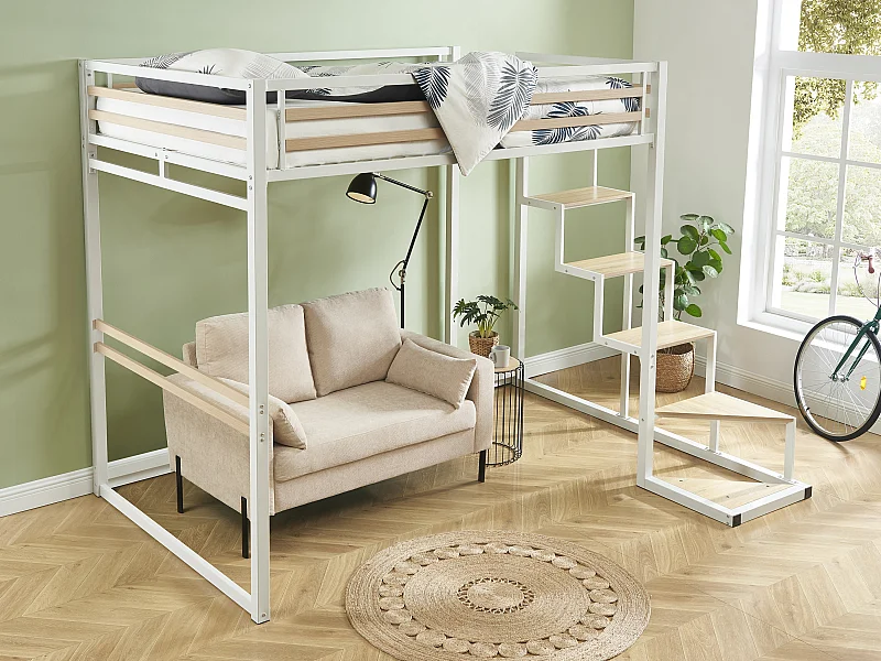 Cama alta 140 x 200 cm - Metal y MDF - Blanco + Colchón - JOGUI