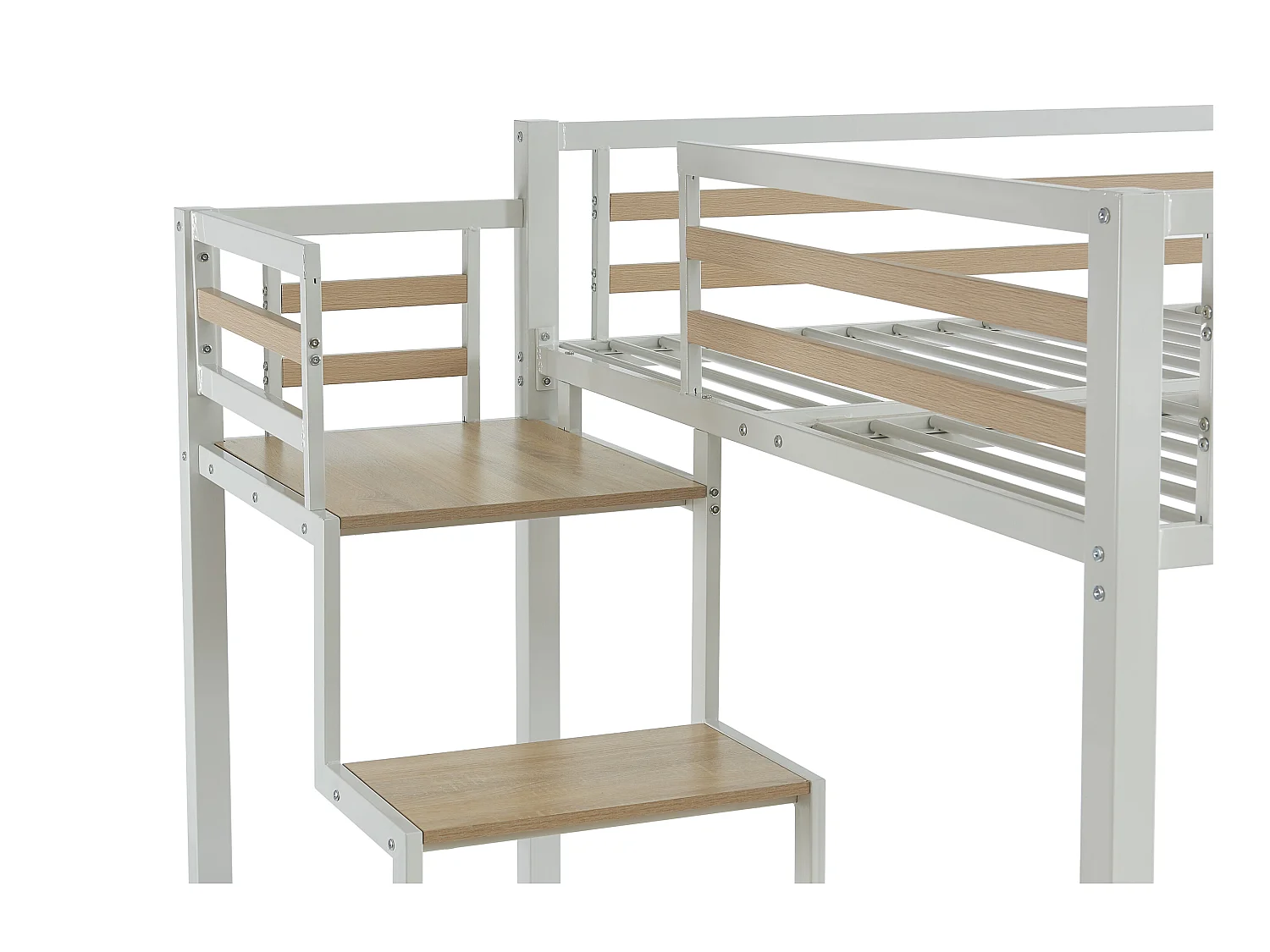 Cama alta 140 x 200 cm - Metal y MDF - Blanco + Colchón - JOGUI