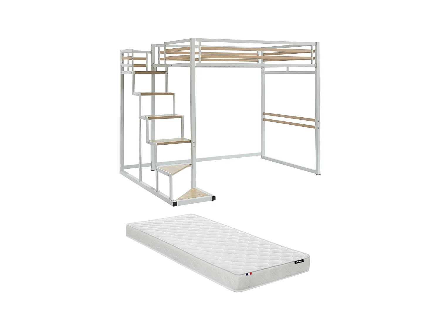 Cama alta 140 x 200 cm - Metal y MDF - Blanco + Colchón - JOGUI