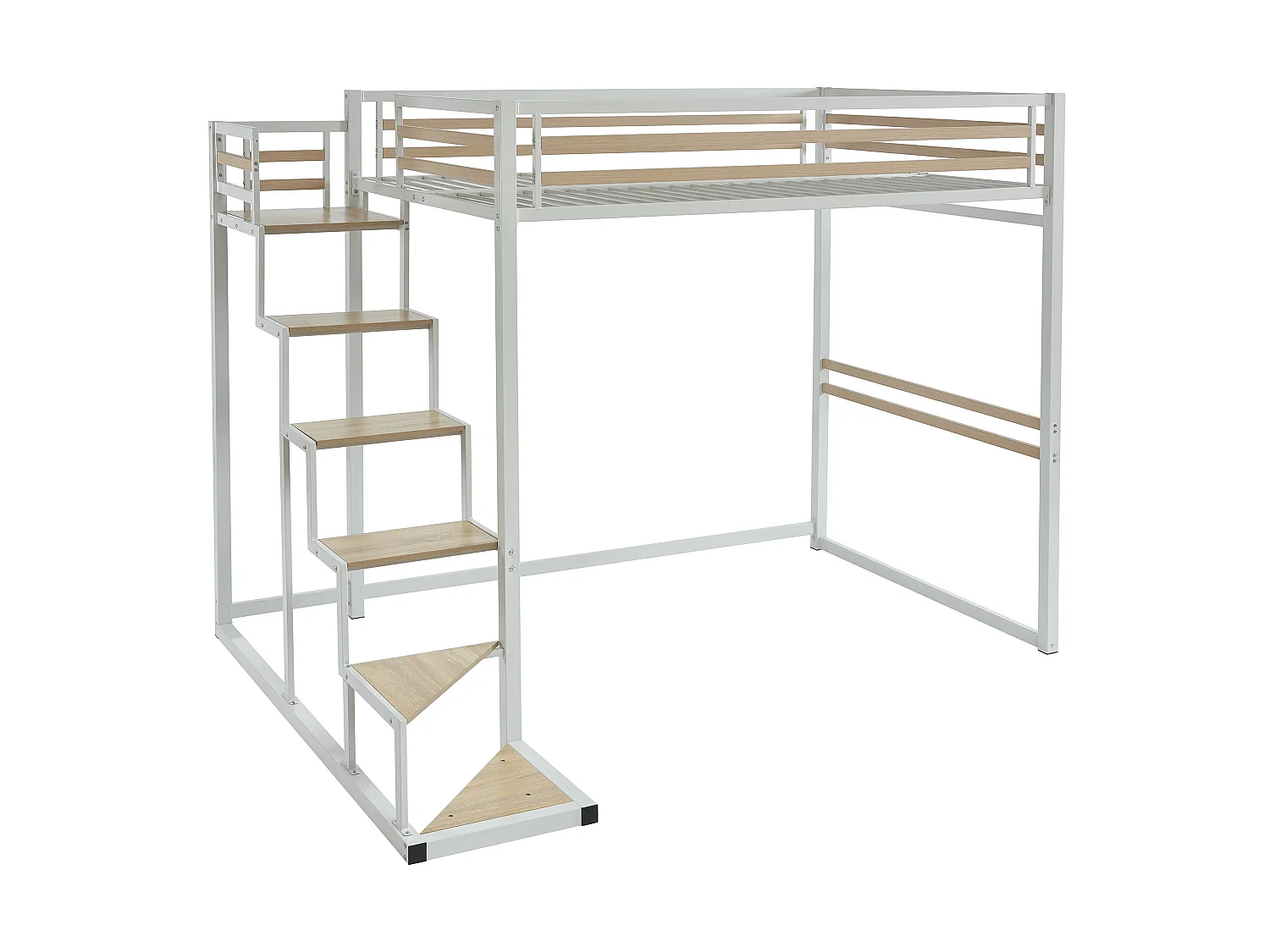 Cama alta 140 x 200 cm - Metal y MDF - Blanco + Colchón - JOGUI