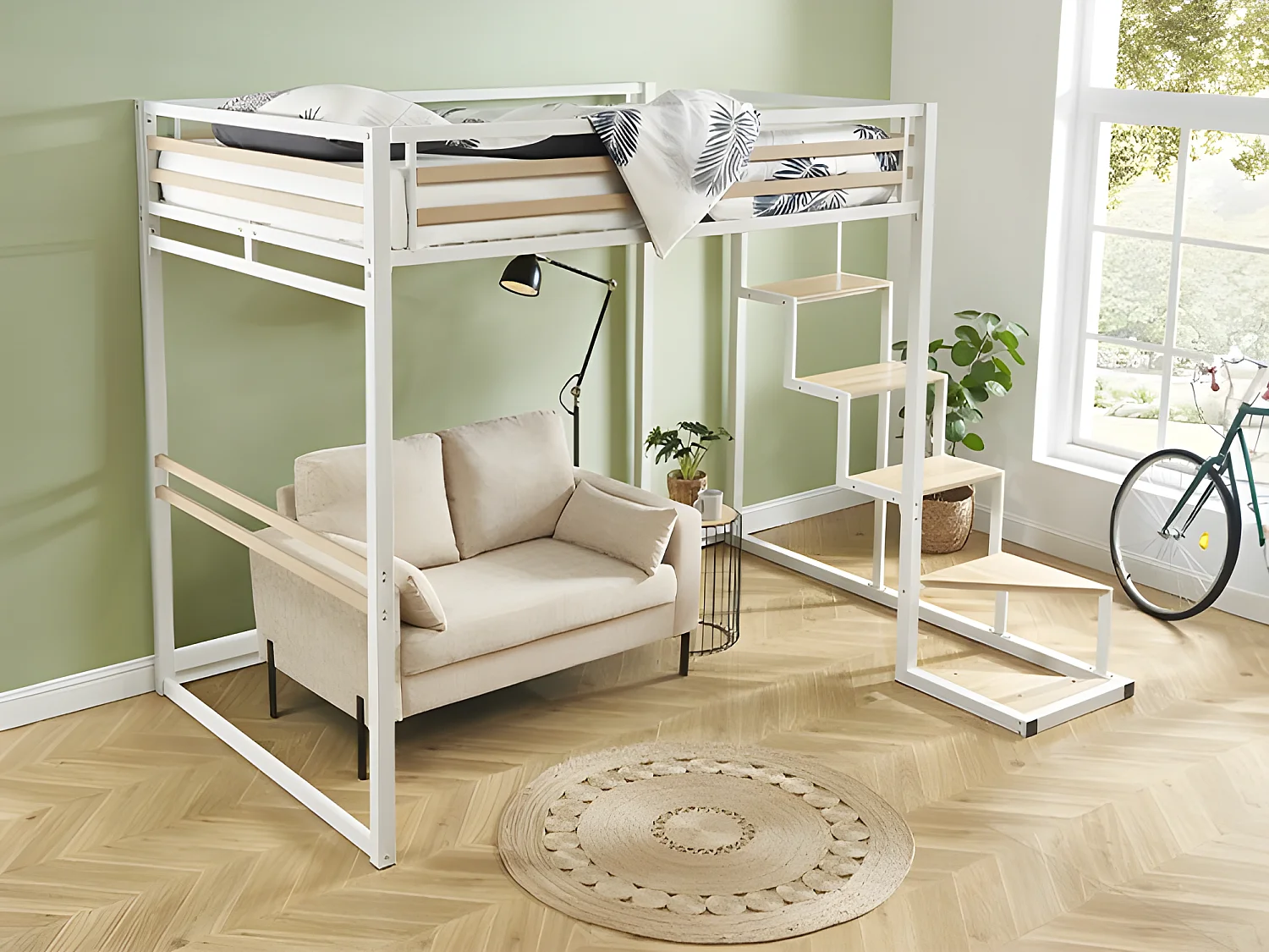 Cama alta 140 x 200 cm - Metal y MDF - Blanco + Colchón - JOGUI