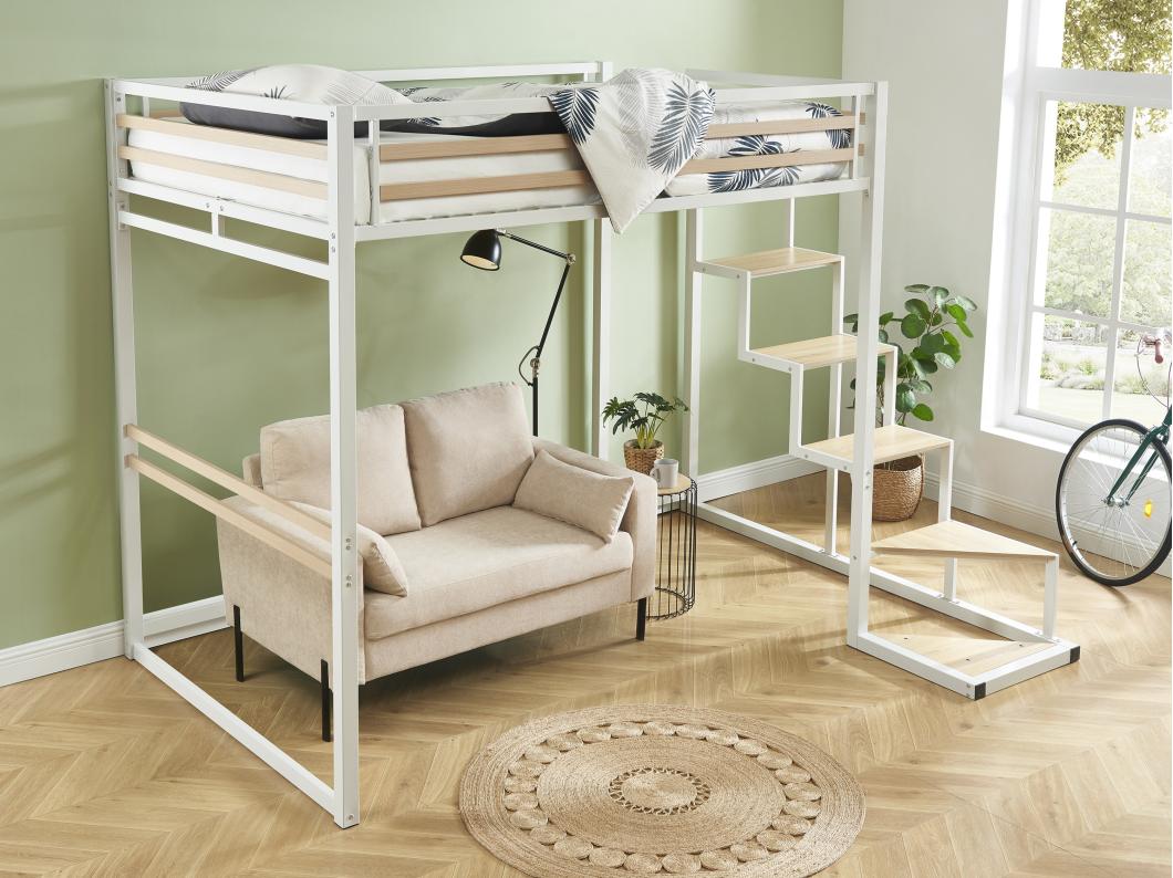Cama alta 140 x 200 cm - Metal y MDF - Blanco + Colchón - JOGUI
