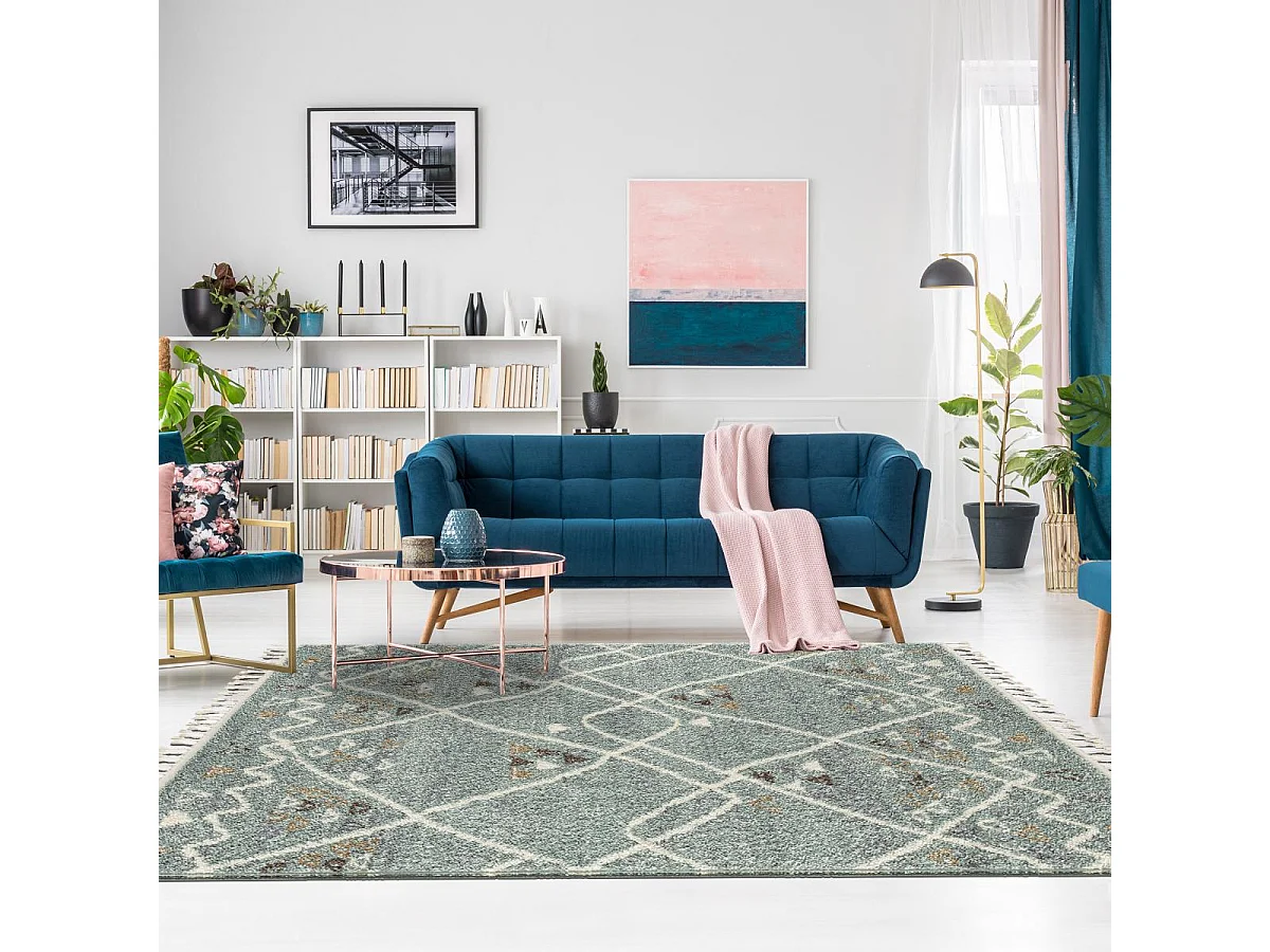 Tapis berbère 200x290 tissé motif saharien PASTEL D turquoise