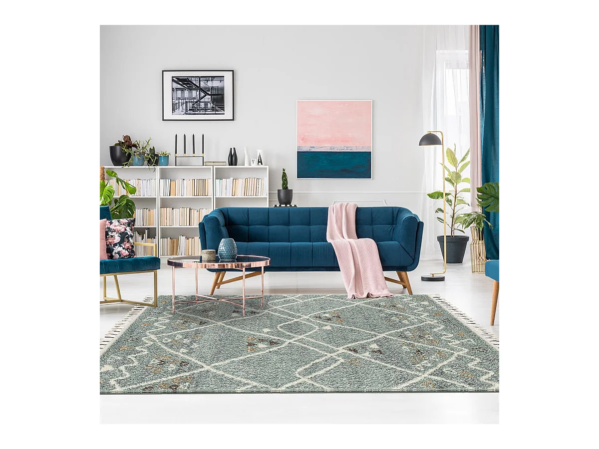 Tapis berbère 200x290 tissé motif saharien PASTEL D turquoise