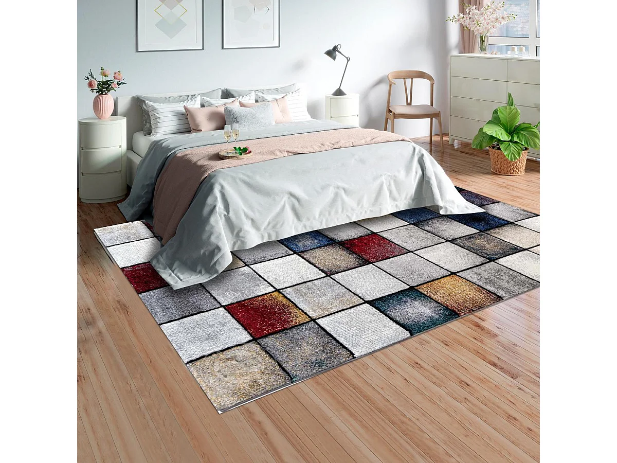 tapis entrée 80x150 tissé gris et jaune rectangle motif géométrique LYN8 PETICA