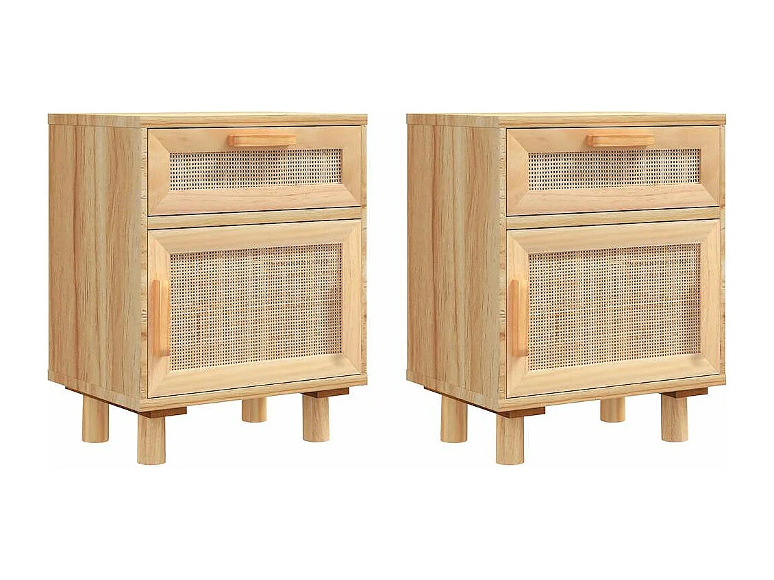Nachttische 2 Stk. Braun Massivholz Kiefer und Natur-Rattan