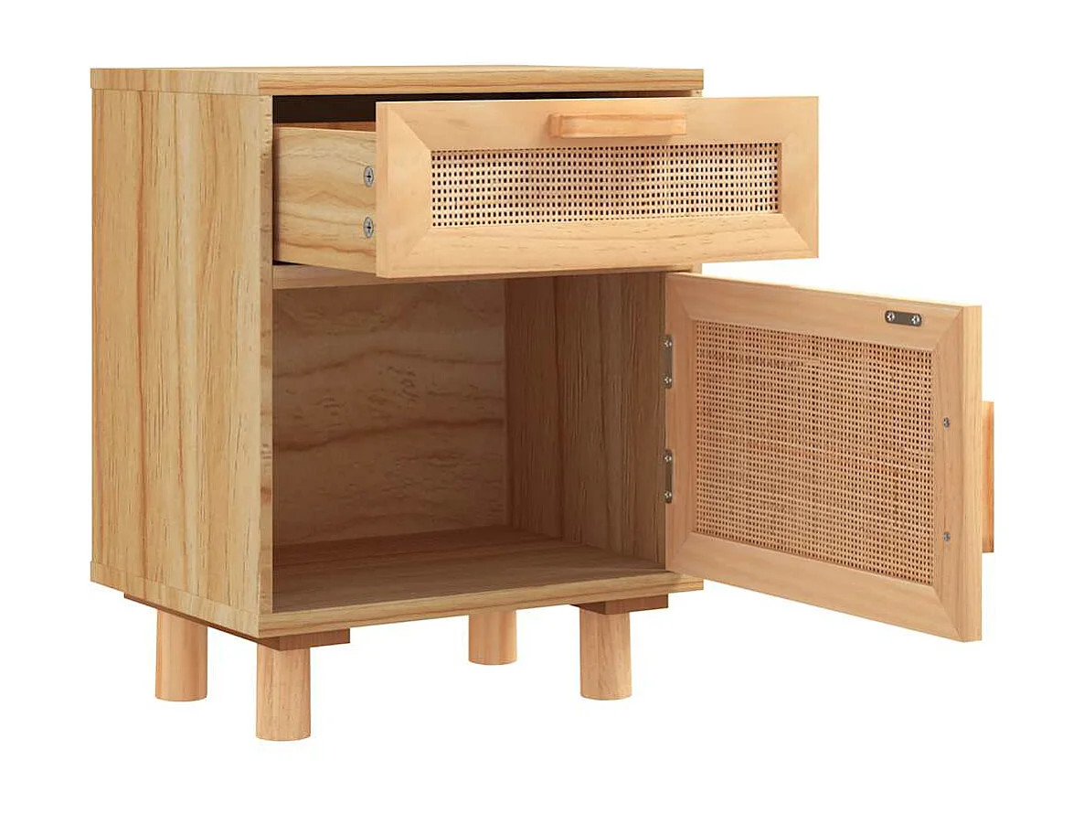 Nachttische 2 Stk. Braun Massivholz Kiefer und Natur-Rattan