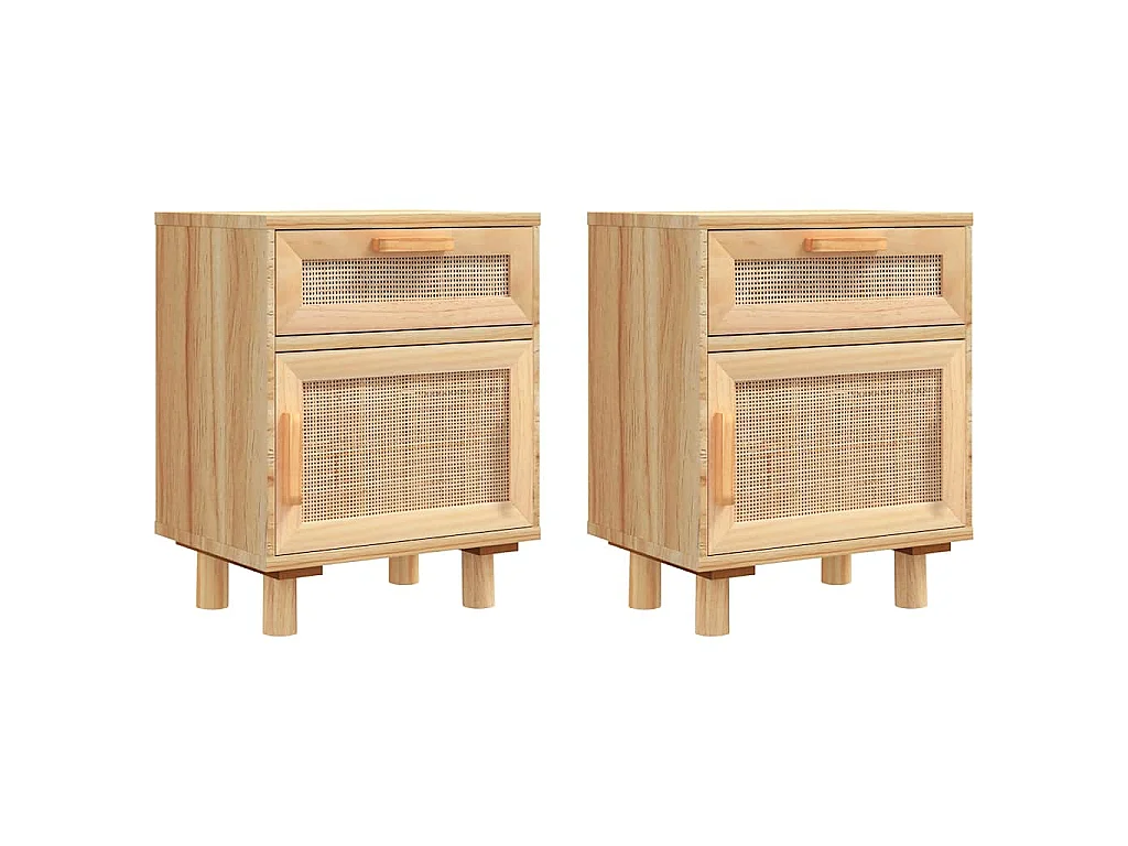 Mesitas de noche 2 uds madera maciza pino marrón ratán natural
