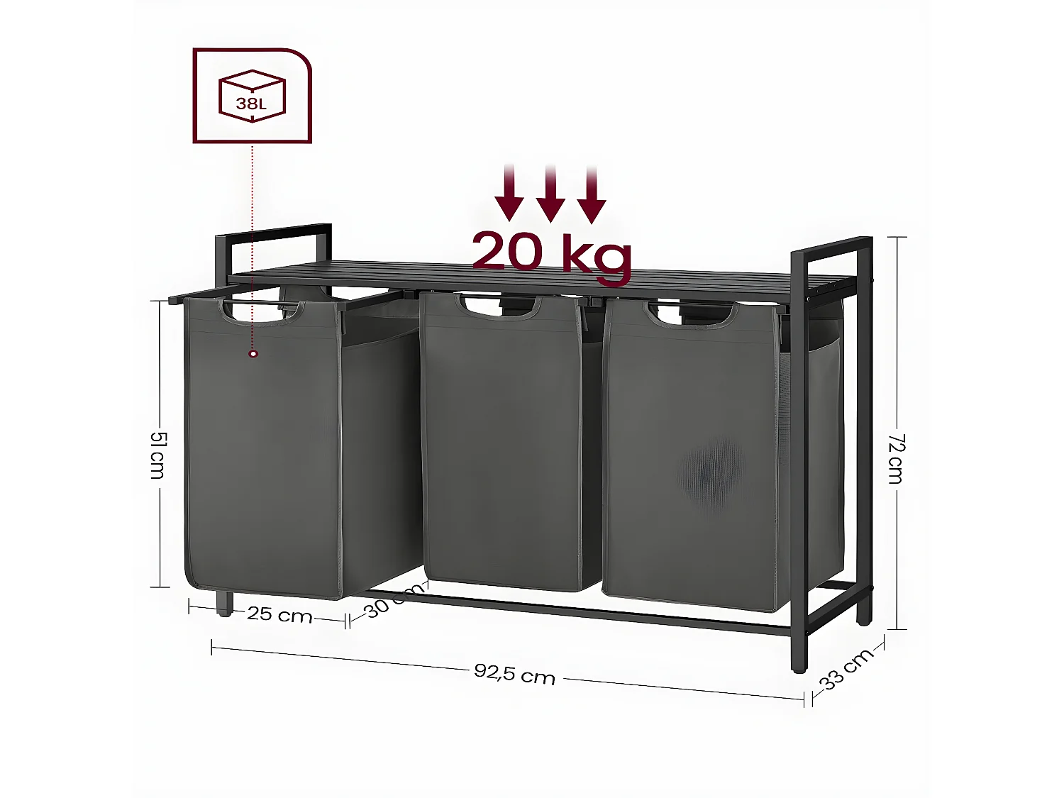 Panier à linge 3 compartiments - L92,5 cm