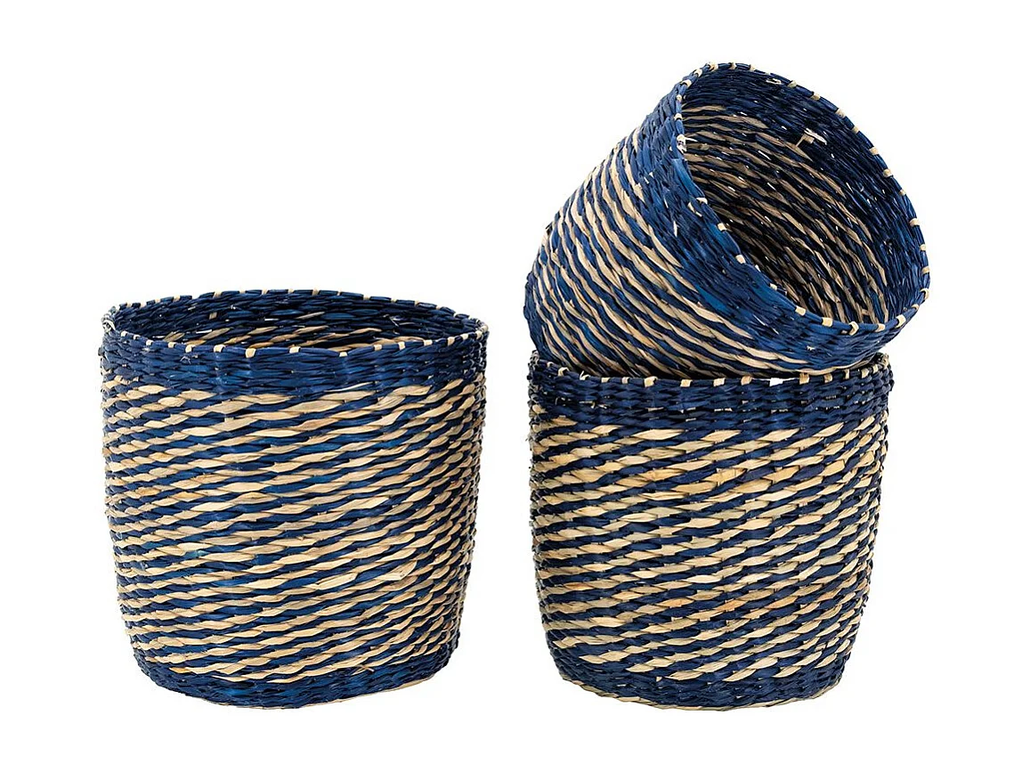 Cache-pots en jonc naturel et bleu (lot de 3)