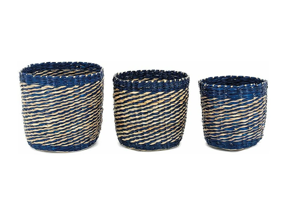 Cache-pots en jonc naturel et bleu (lot de 3)
