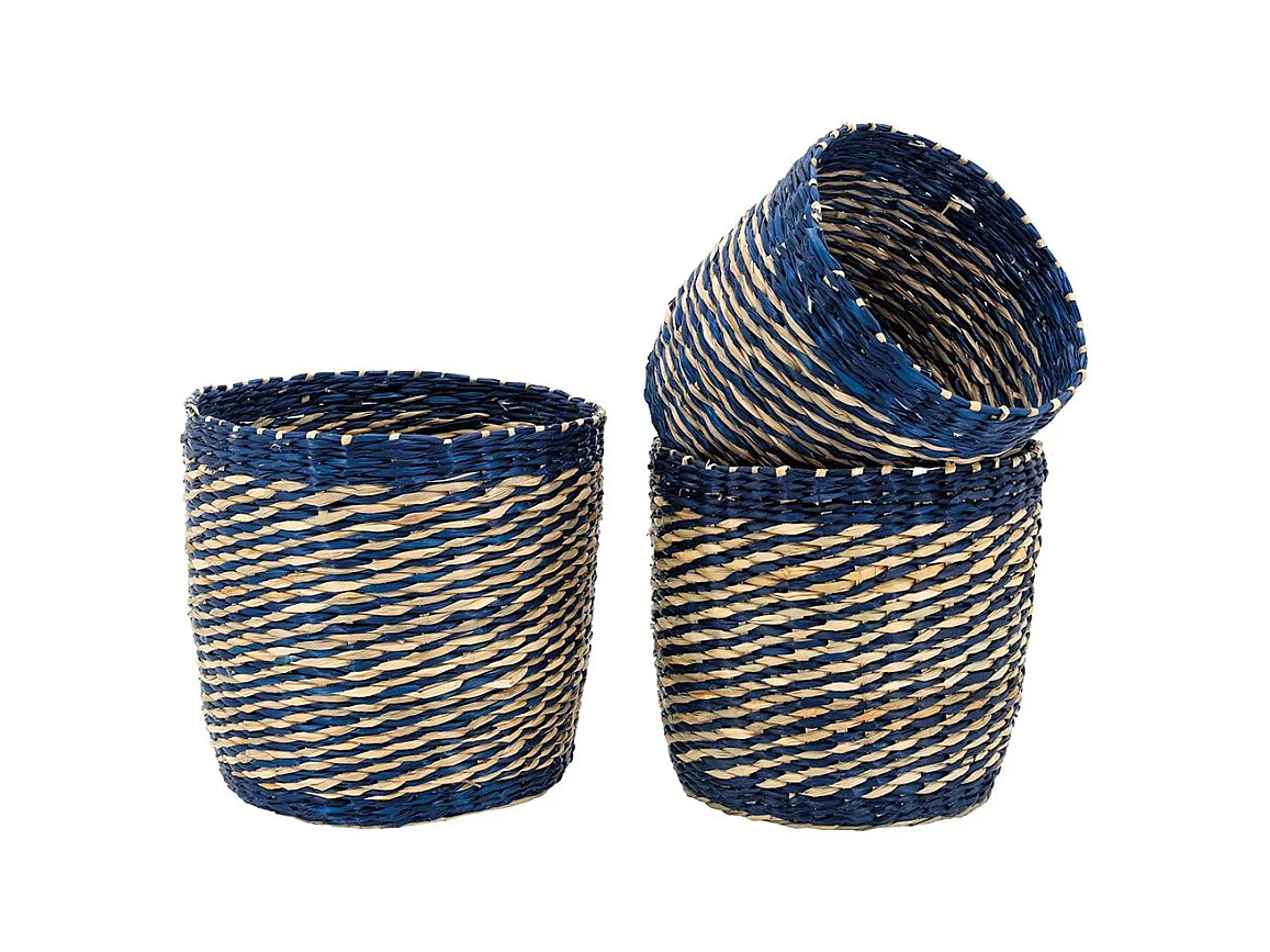 Cache-pots en jonc naturel et bleu (lot de 3)