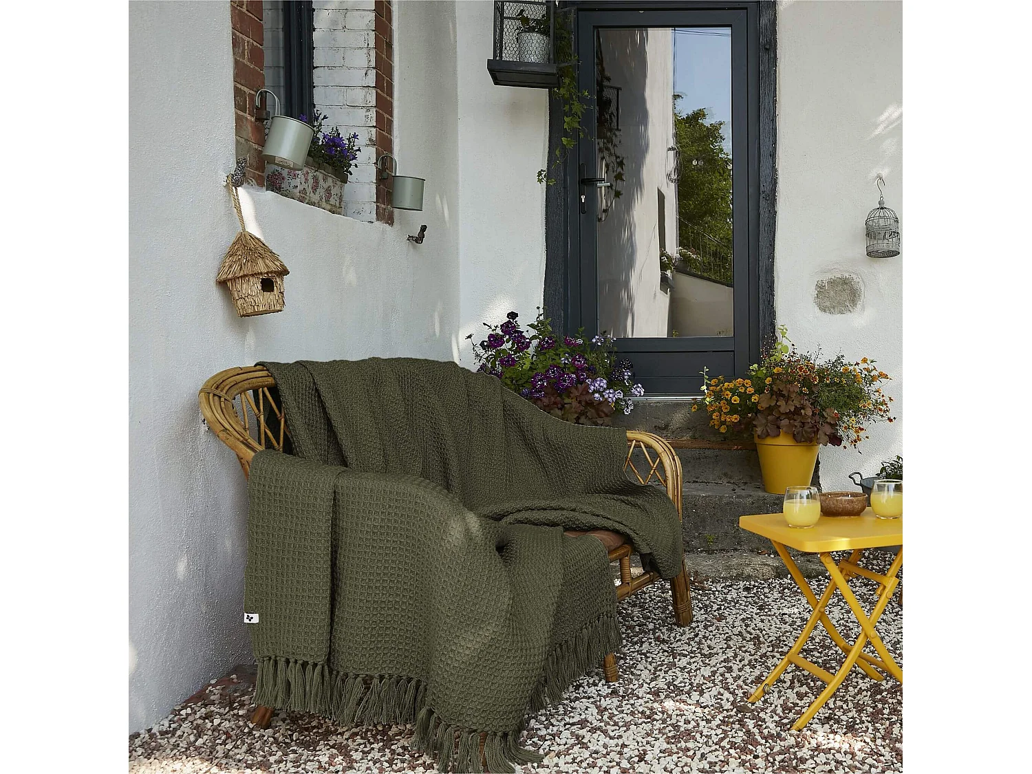 Plaid à franges thym matière recyclée 180 x 220 cm