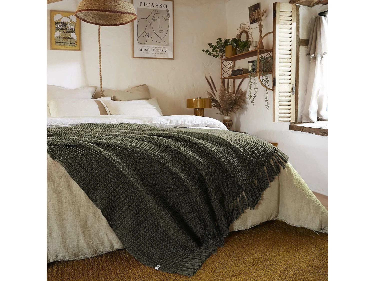 Plaid à franges thym matière recyclée 180 x 220 cm