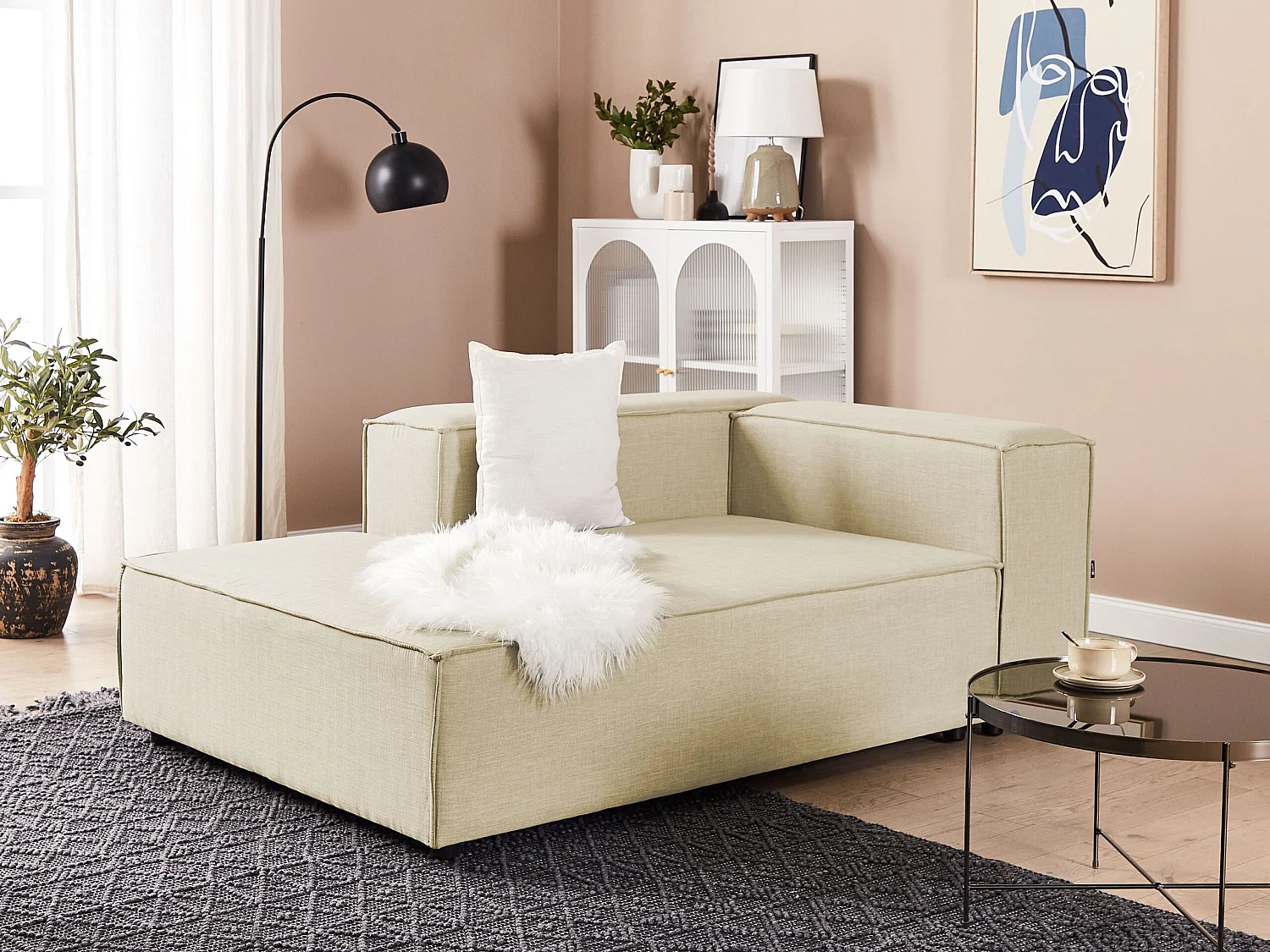 Modul-Chaiselongue Leinen beige rechtsseitig mit niedriger Rückenlehne Aprica