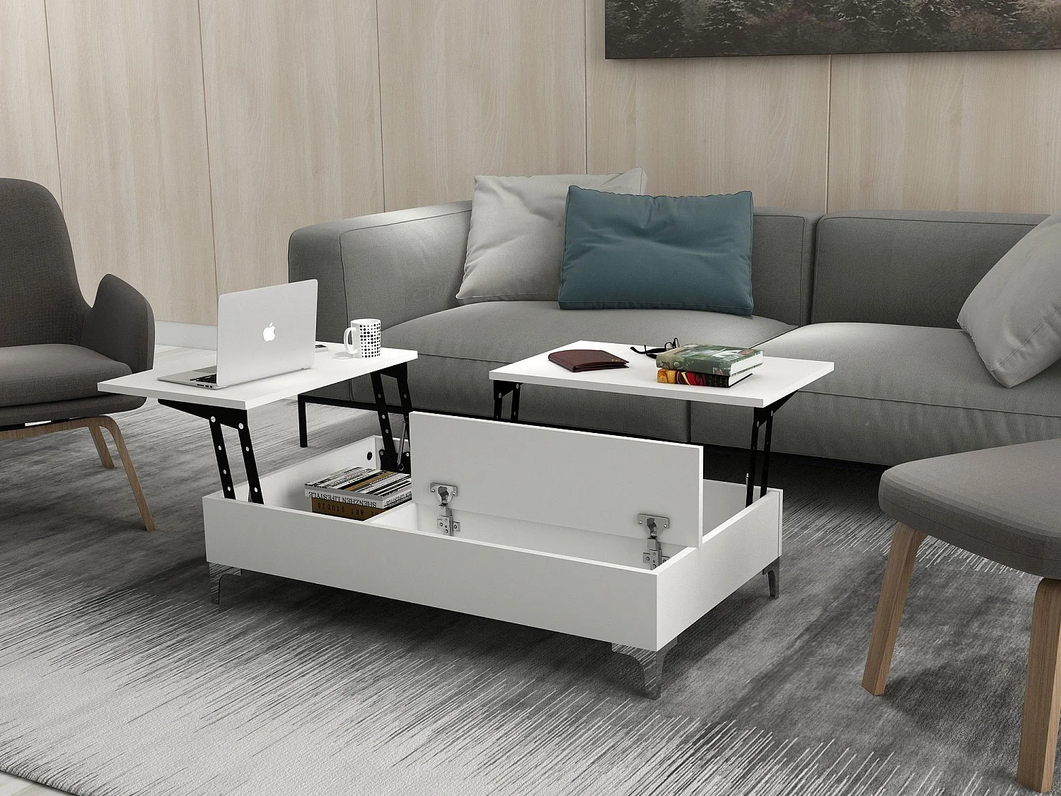 Table basse avec rangement Toffee 69,2x121cm Bois Blanc et Métal Chrome