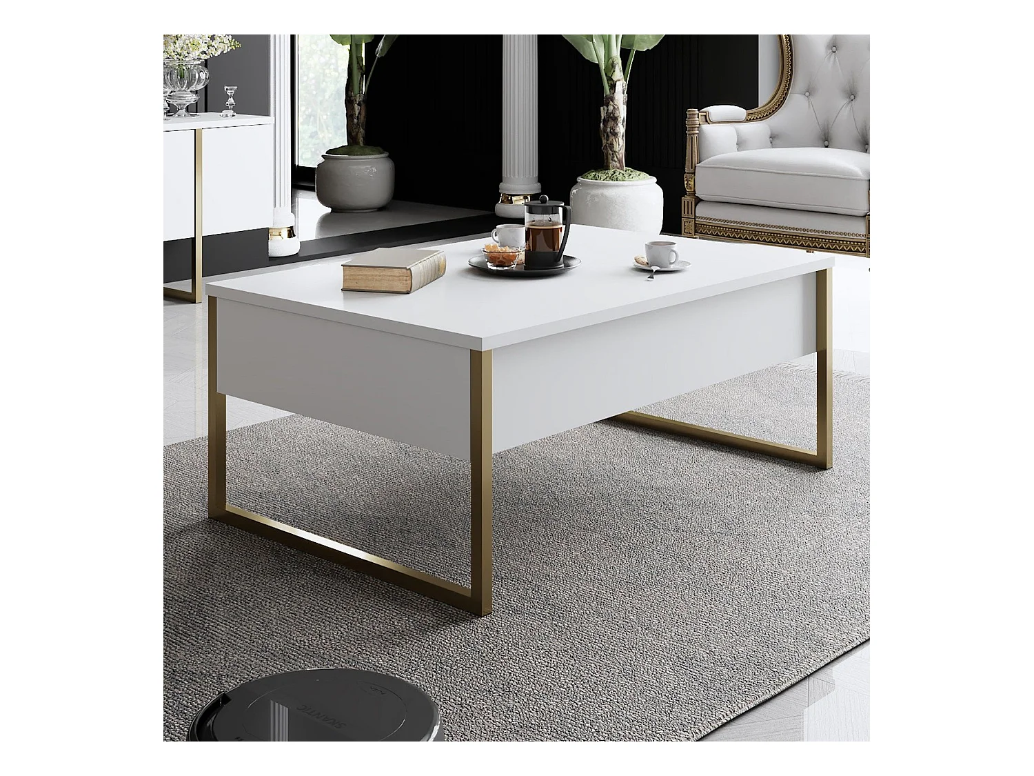 Table basse Sibylle 60x90cm Métal Or et Bois Blanc