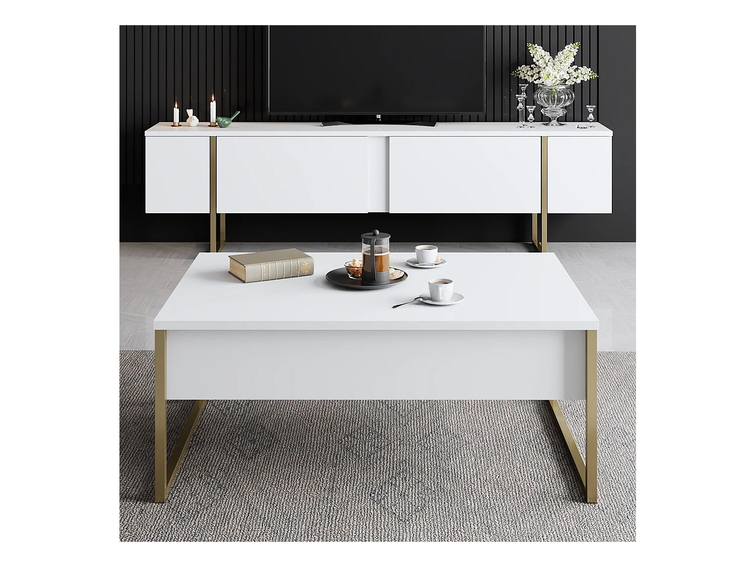 Mesa de café Kailua Z101, Dorado|Blanco, 40x60x90cm, Aglomerado laminado, Angular