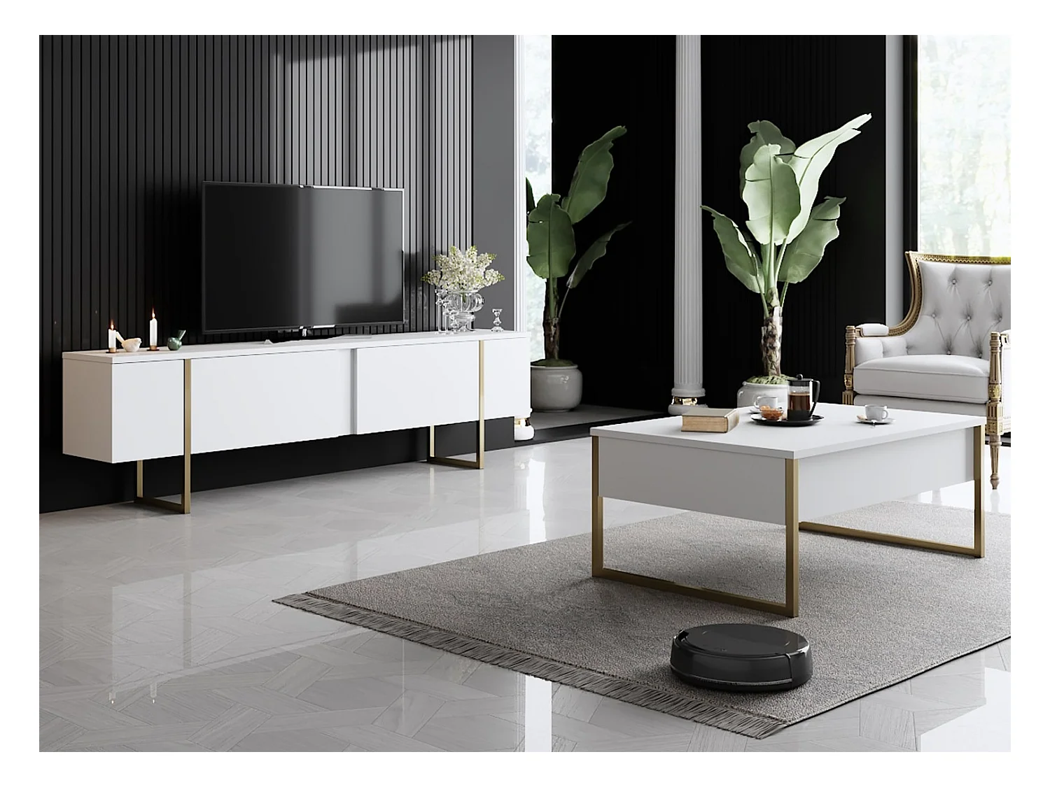 Mesa de café Kailua Z101, Dorado|Blanco, 40x60x90cm, Aglomerado laminado, Angular