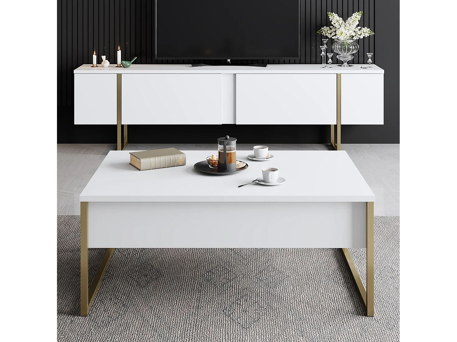 Salontafel met 2 grijze en witte melamine lades Sed 110 cm-Kleur Wit en goud