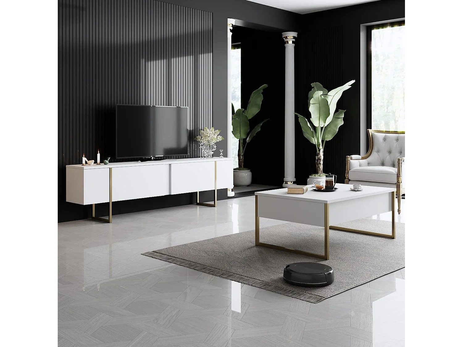 Salontafel met 2 grijze en witte melamine lades Sed 110 cm-Kleur Wit en goud