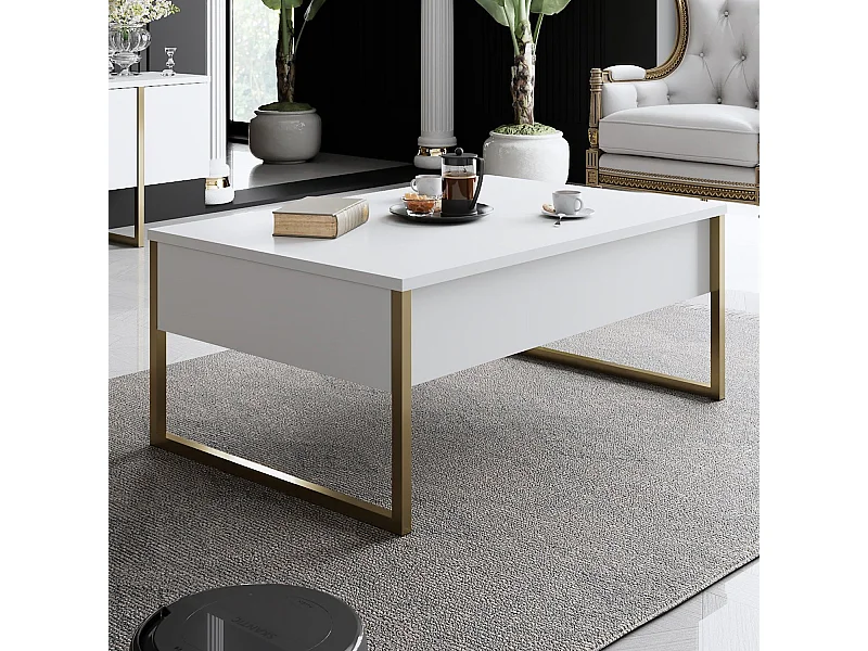 Table basse Sibylle 60x90cm Métal Or et Bois Blanc