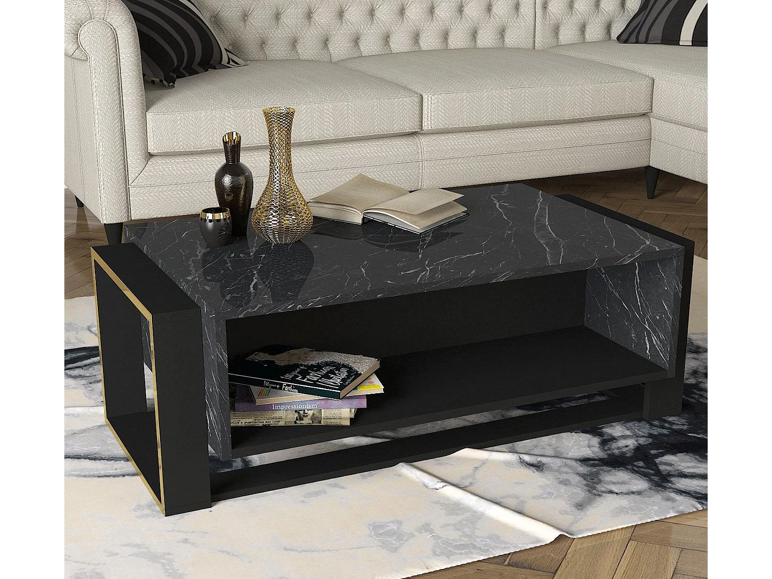 Table basse Pirarucu 106,4x60cm Bois Noir et Gris effet marbre