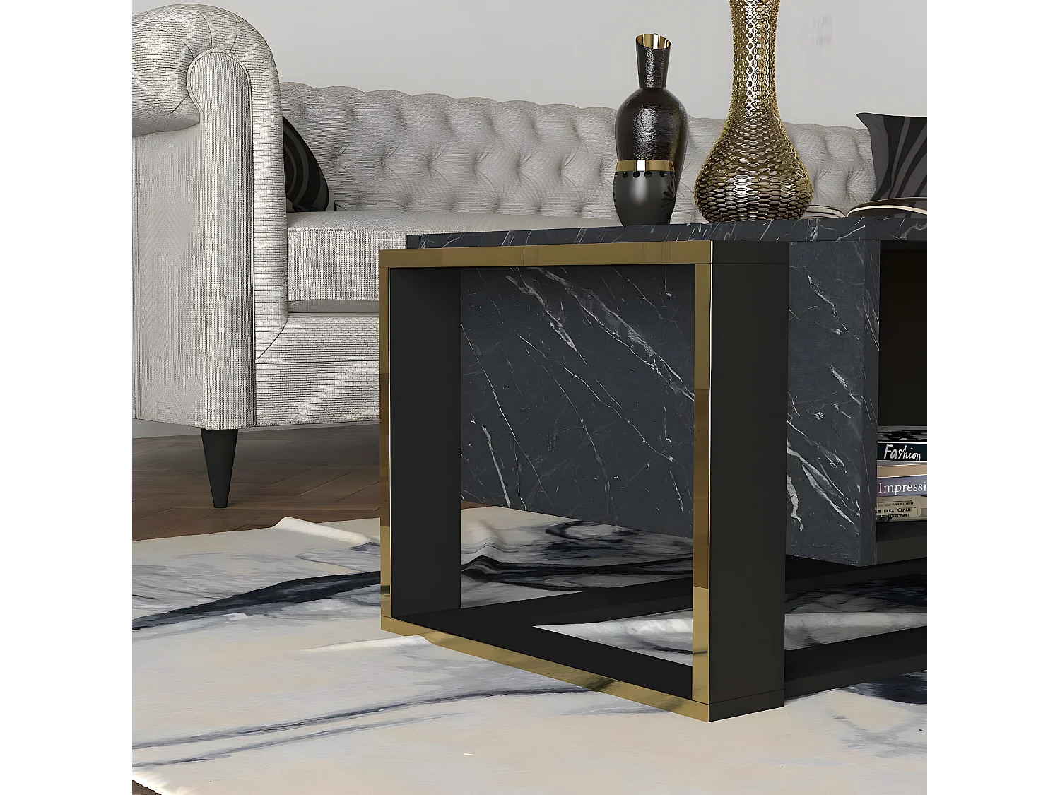 Table basse Pirarucu 106,4x60cm Bois Noir et Gris effet marbre