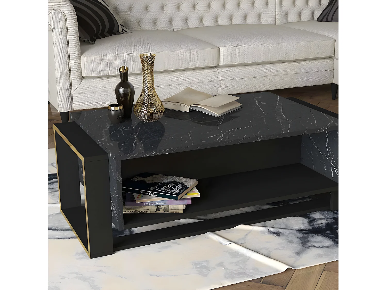 Table basse Pirarucu 106,4x60cm Bois Noir et Gris effet marbre