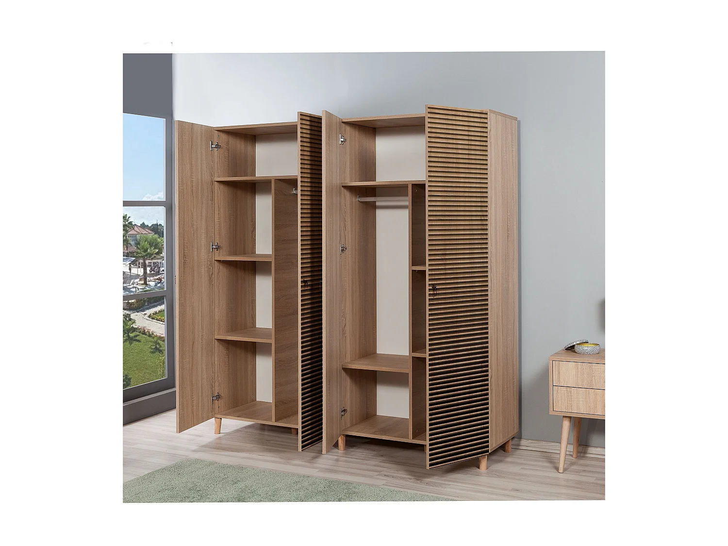 Armoire penderie 4 portes Infigo 180cm Bois Naturel Motif Rayures dégradé Noir et Jaune