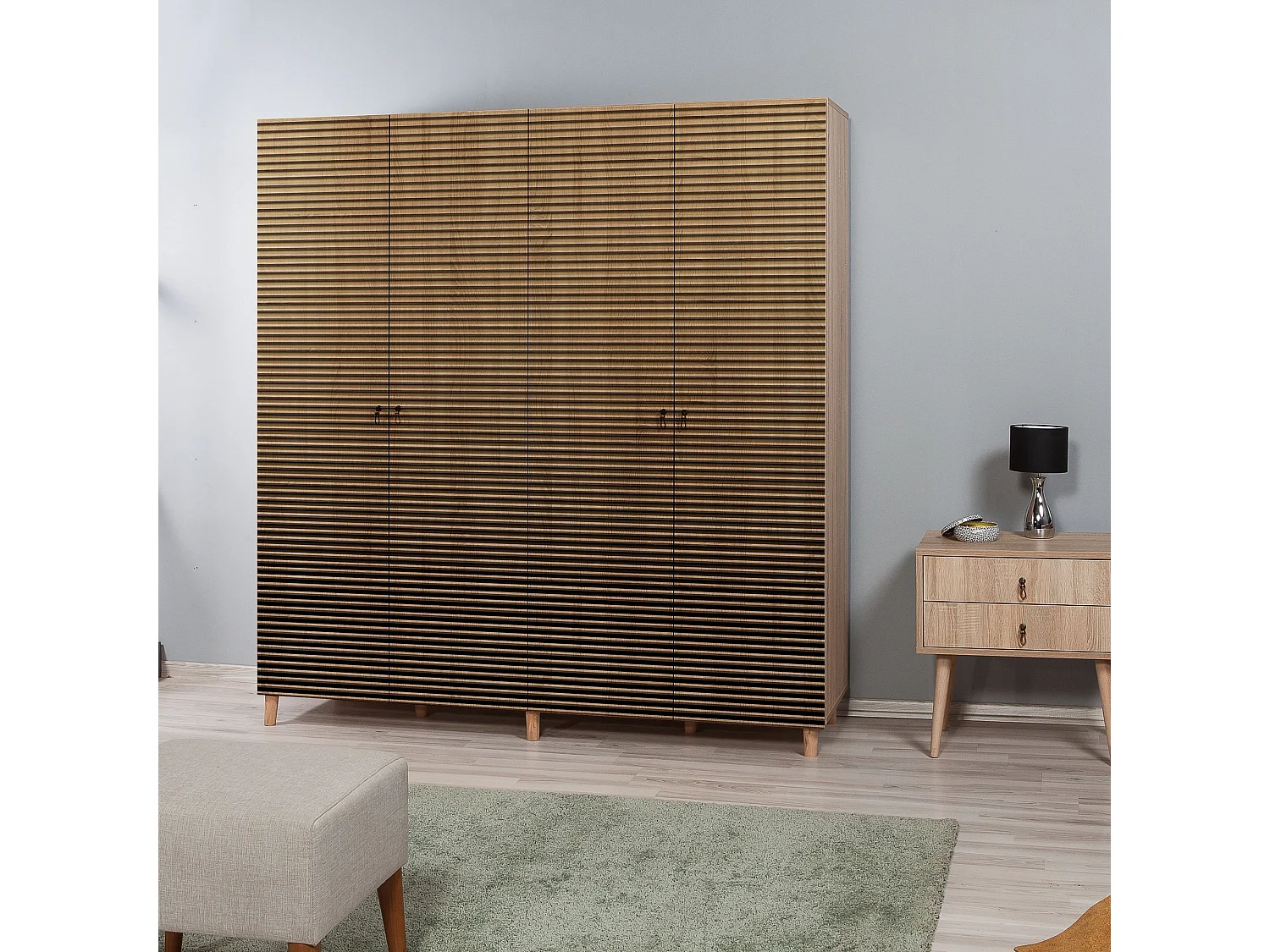 Armoire penderie 4 portes Infigo 180cm Bois Naturel Motif Rayures dégradé Noir et Jaune