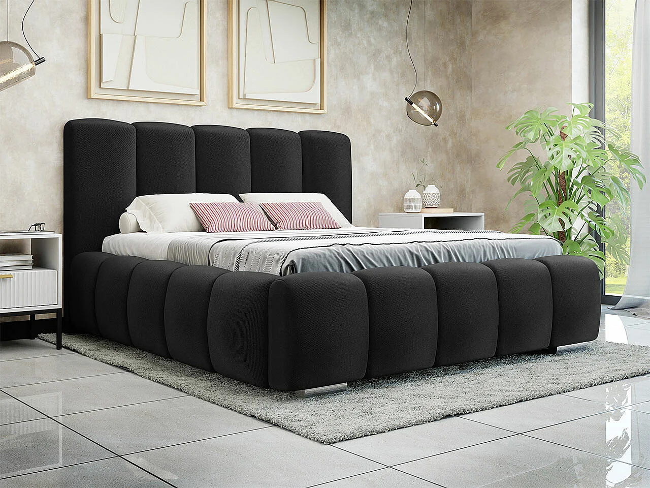 Lit TrendyNest 106, Double, Noir, 140x200, Tissu, Disponible, 160x222x112cm