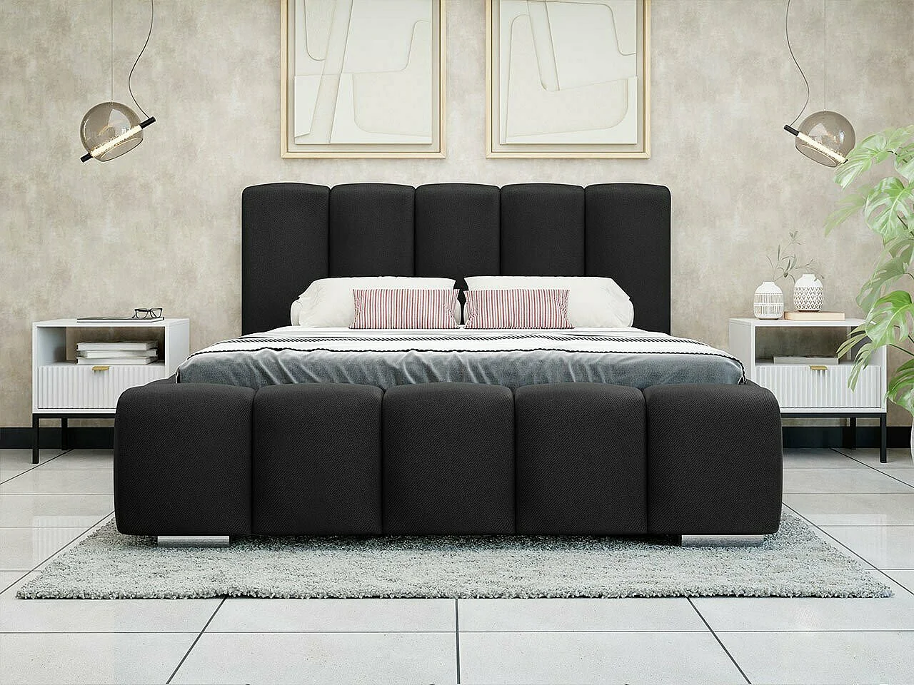 Lit TrendyNest 106, Double, Noir, 140x200, Tissu, Disponible, 160x222x112cm