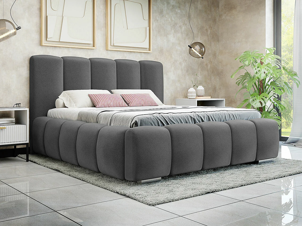 Cama TrendyNest 106, Doble, Gris, 160x200, Tapiz, Somieres, 180x222x112cm