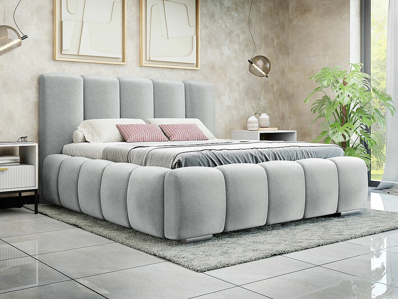 Cama TrendyNest Alceus I, Doble, Gris claro, Tapiz, Somieres