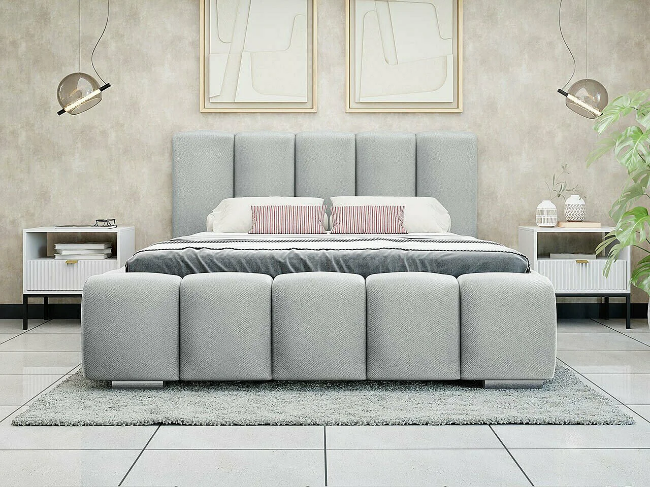 Cama TrendyNest Alceus I, Doble, Gris claro, Tapiz, Somieres