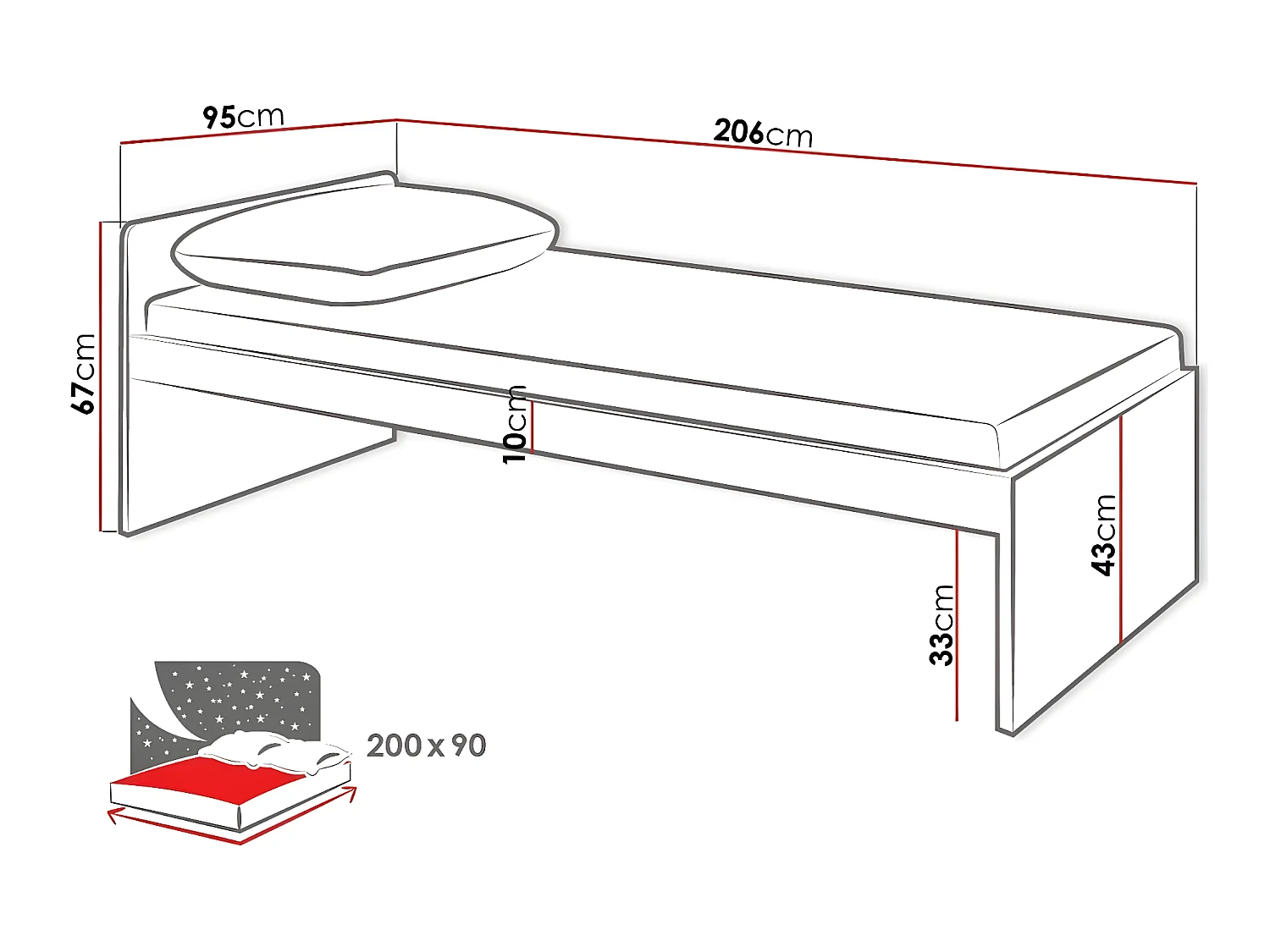 Lit Veravie 117, Unique, Gris, 90x200, Stratifié, Disponible, 95x206x67cm
