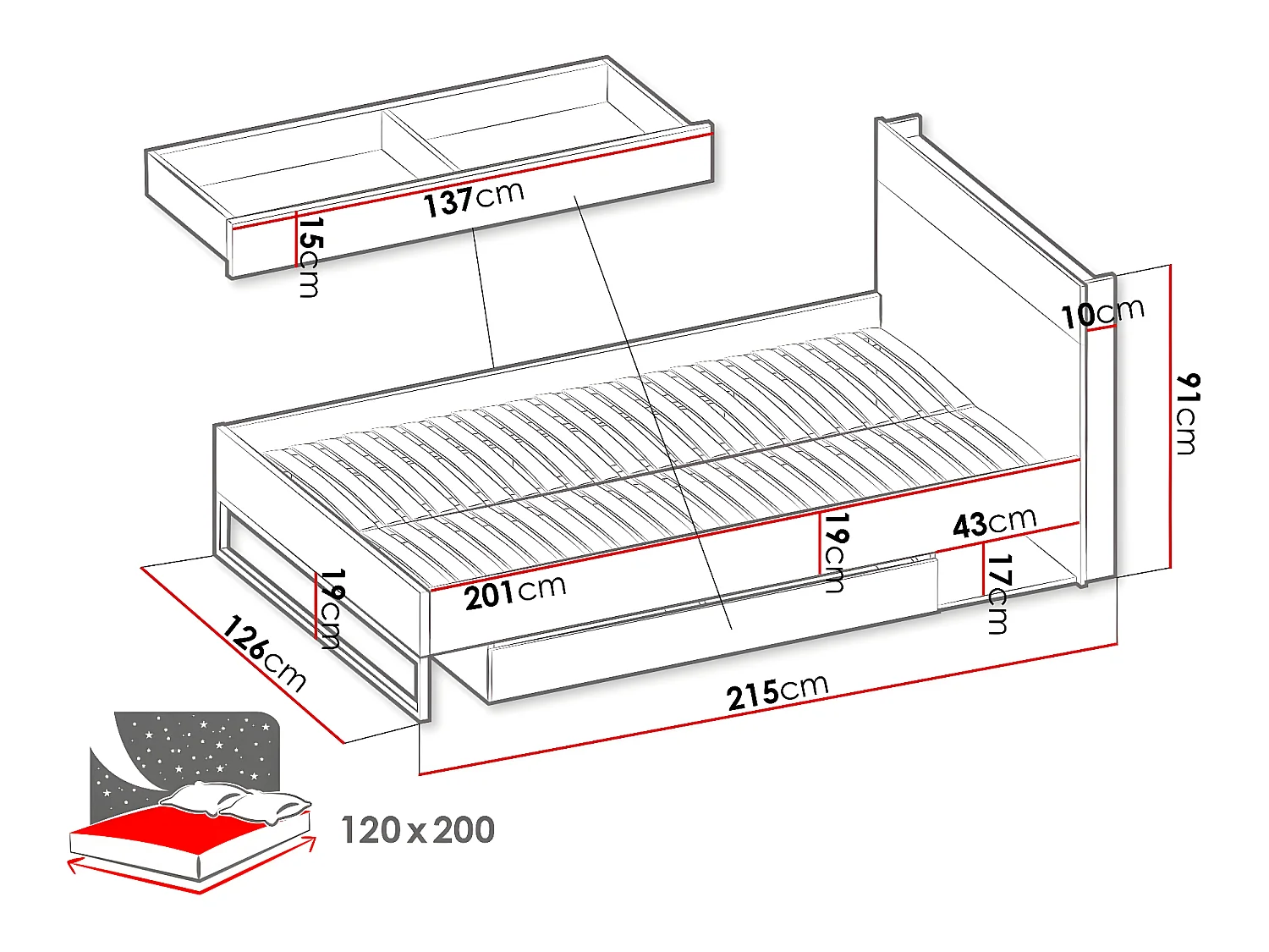 Lit Orlbale 116, Unique, Brun clair, 120x200, Stratifié, Disponible, 126x215x91cm