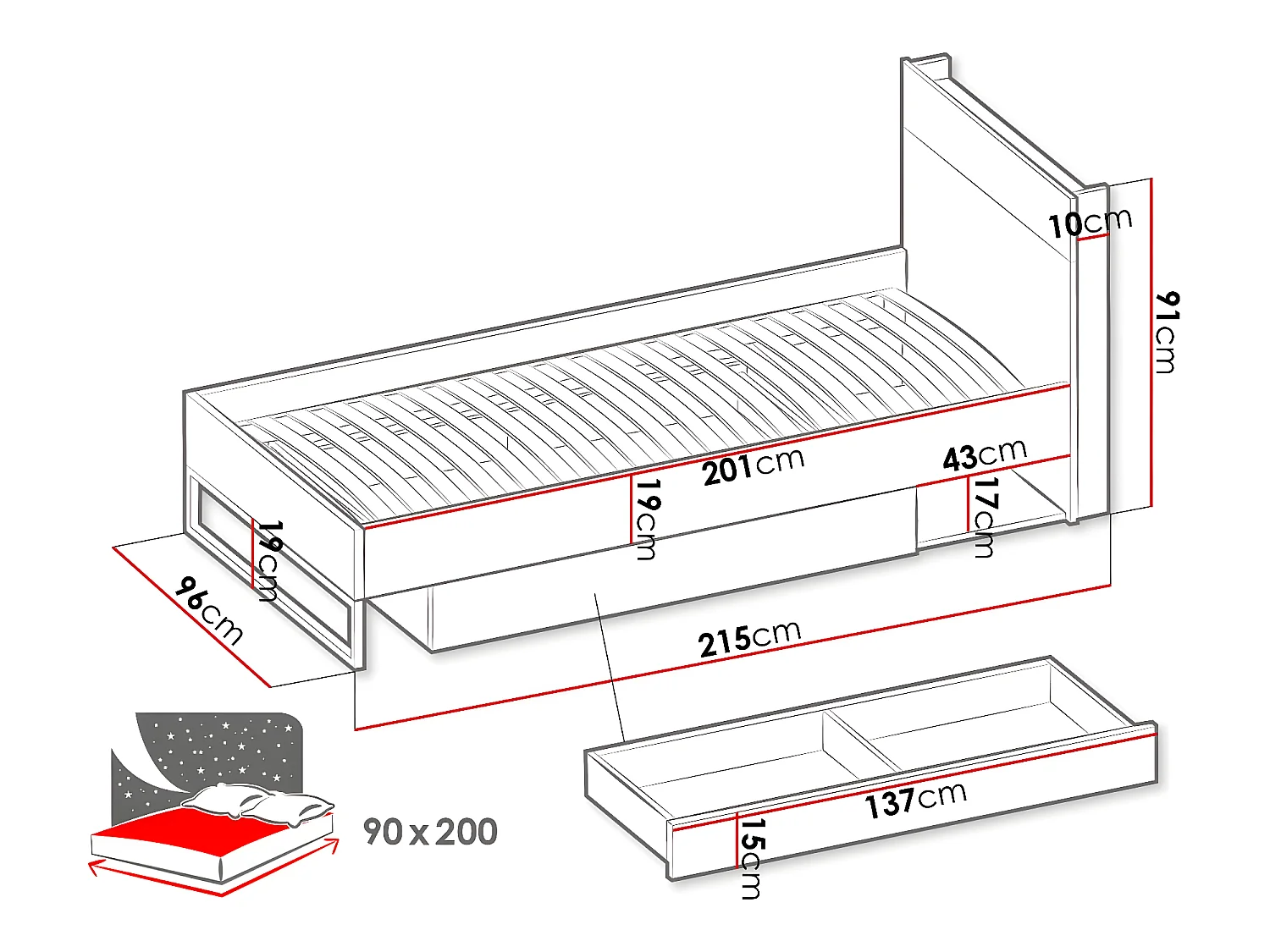 Lit Orlbale 116, Unique, Brun clair, 90x200, Stratifié, Disponible, 96x215x91cm