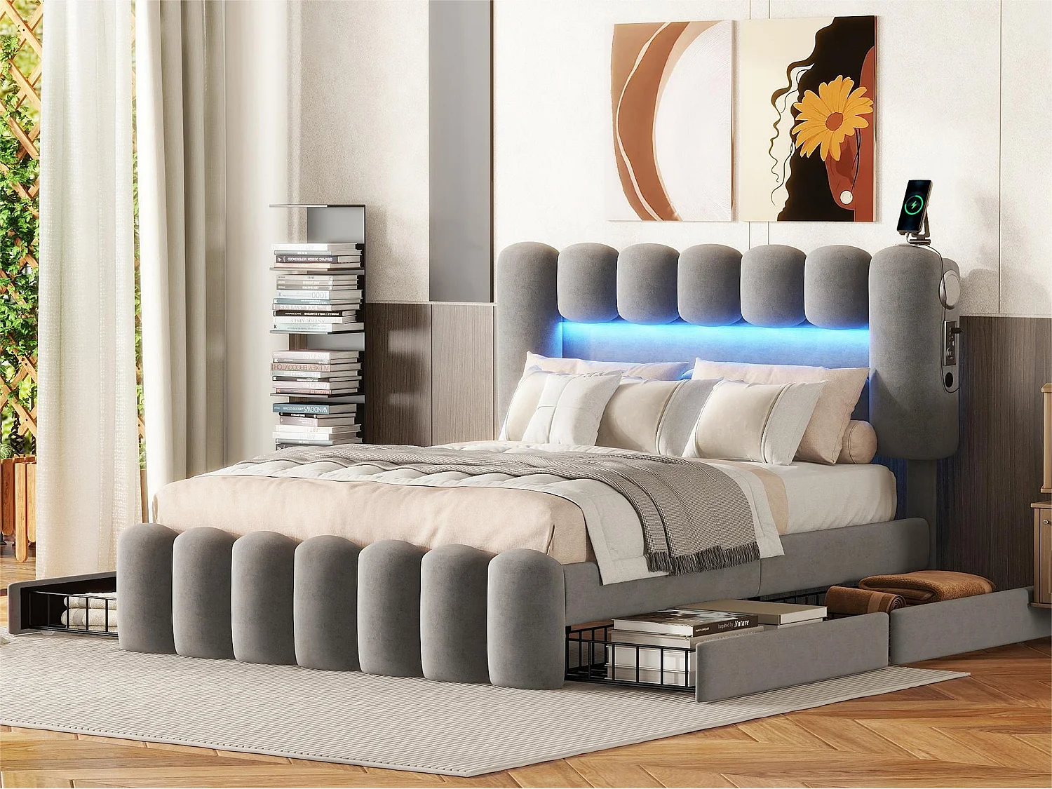 Fluweel gestoffeerd bed - 140x200cm - 4 lades + LED + Oplaadpoorten + Lezer - Grijs