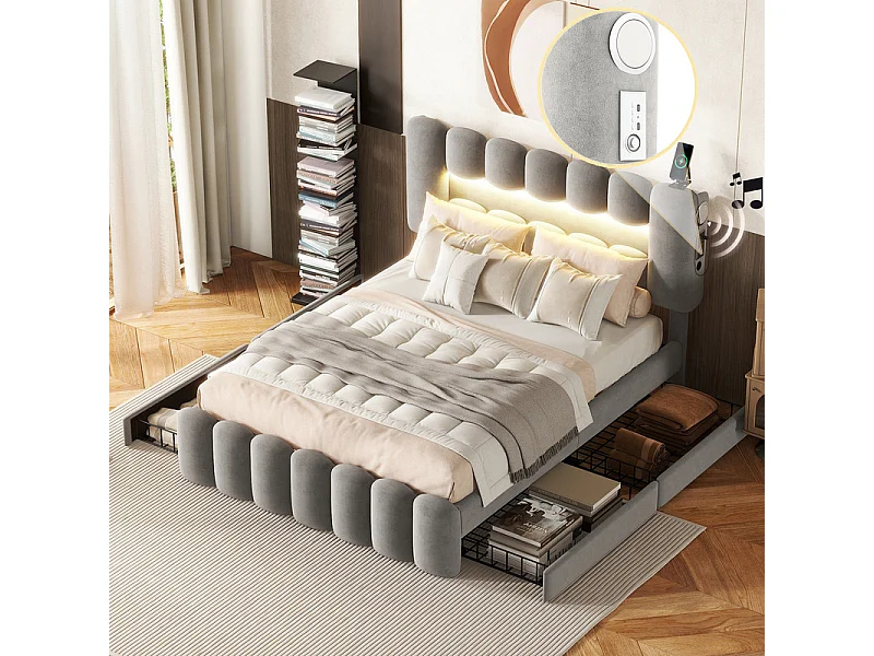 Fluweel gestoffeerd bed - 140x200cm - 4 lades + LED + Oplaadpoorten + Lezer - Grijs