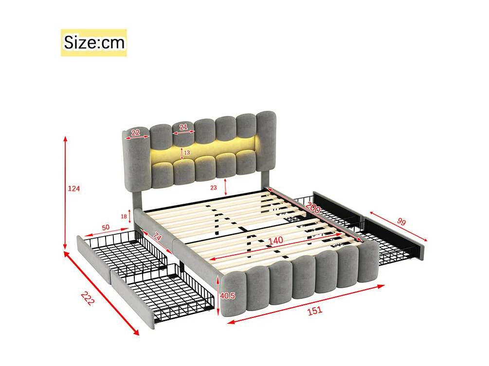 Fluweel gestoffeerd bed - 140x200cm - 4 lades + LED + Oplaadpoorten + Lezer - Grijs