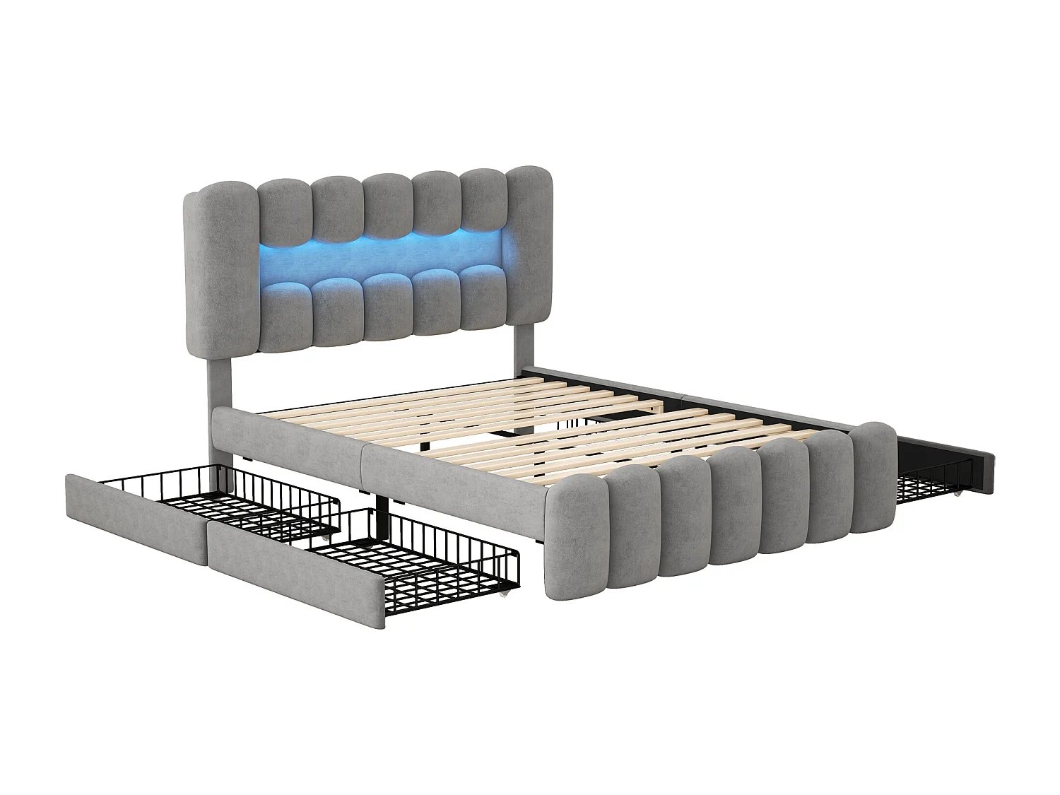 Fluweel gestoffeerd bed - 140x200cm - 4 lades + LED + Oplaadpoorten + Lezer - Grijs