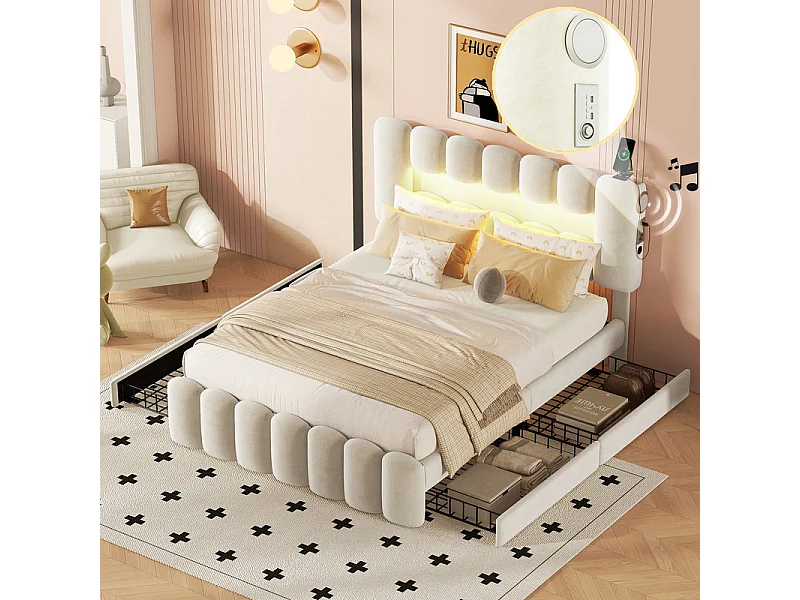 Fluweel gestoffeerd bed - 140x200cm - 4 lades + LED + Oplaadpoorten + Lezer - Beige