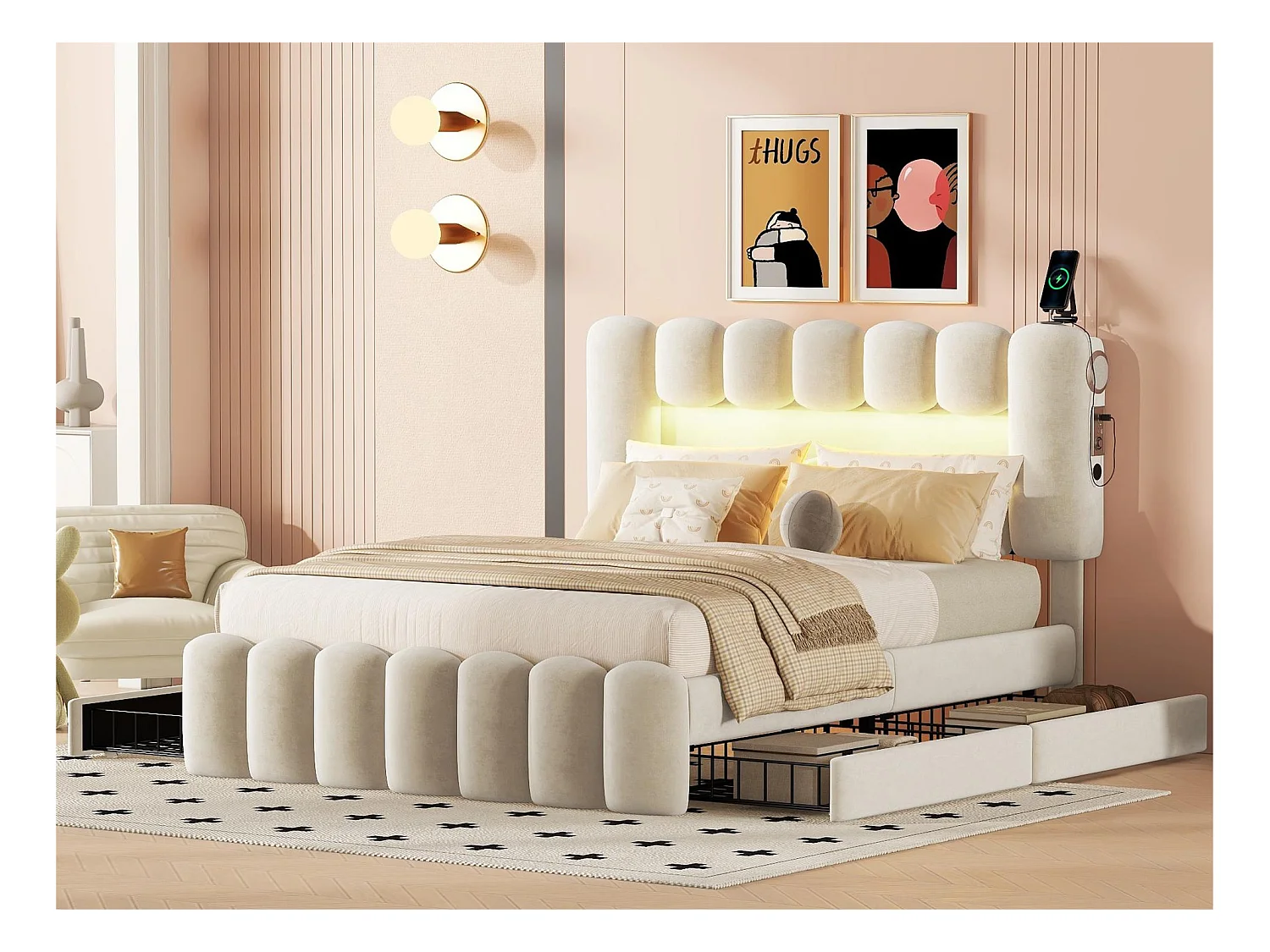 Lit rembourré 140x200cm avec 4 tiroirs - avec LED + USB port de charge + Lecteur - Beige