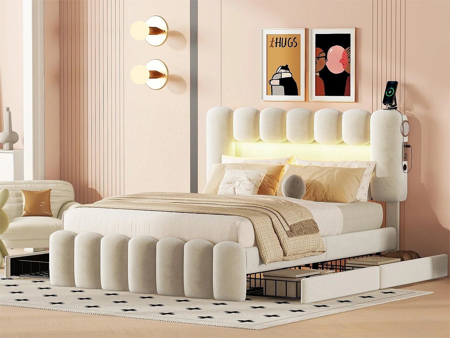 Fluweel gestoffeerd bed - 140x200cm - 4 lades + LED + Oplaadpoorten + Lezer - Beige