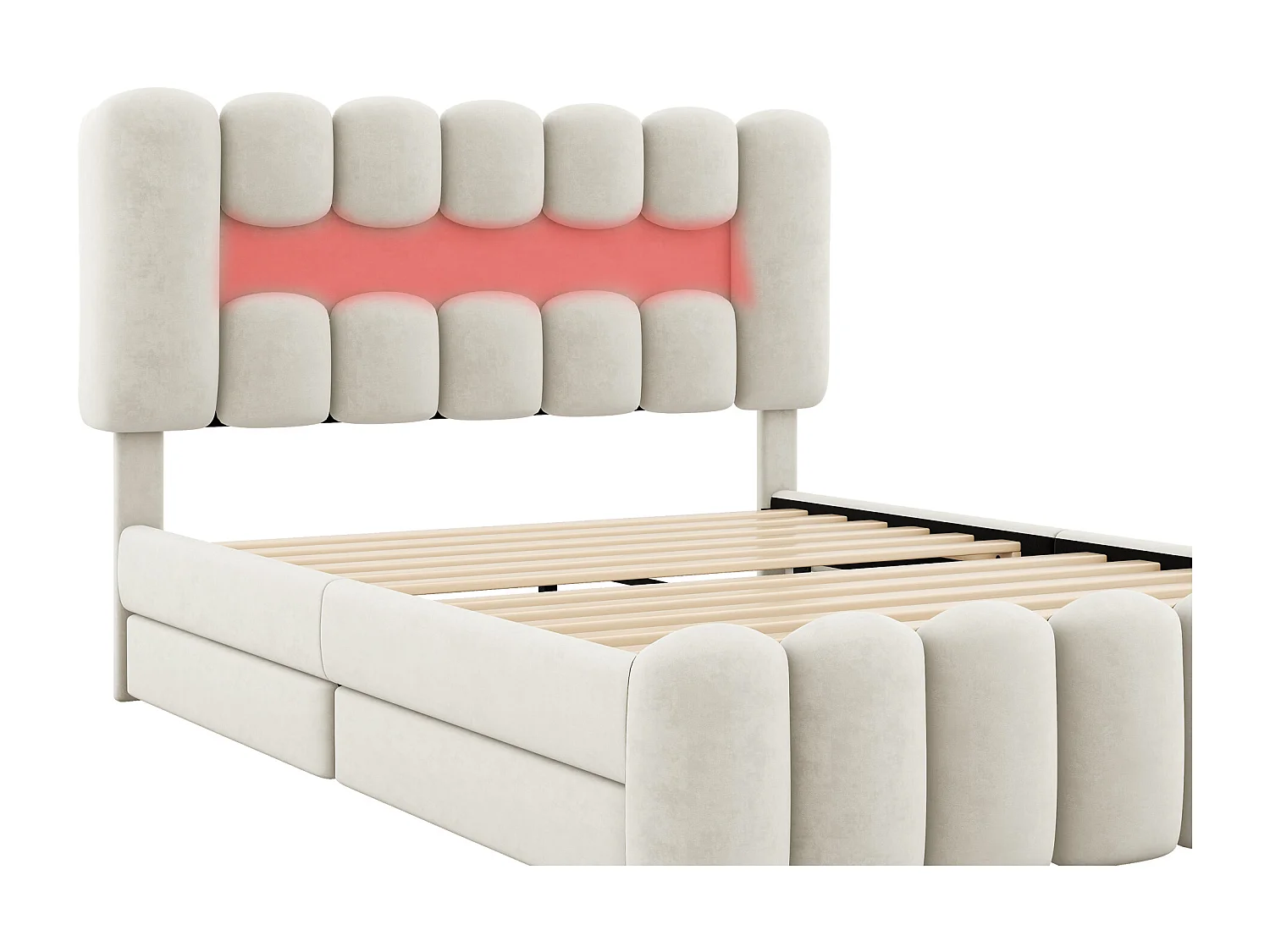 Fluweel gestoffeerd bed - 140x200cm - 4 lades + LED + Oplaadpoorten + Lezer - Beige