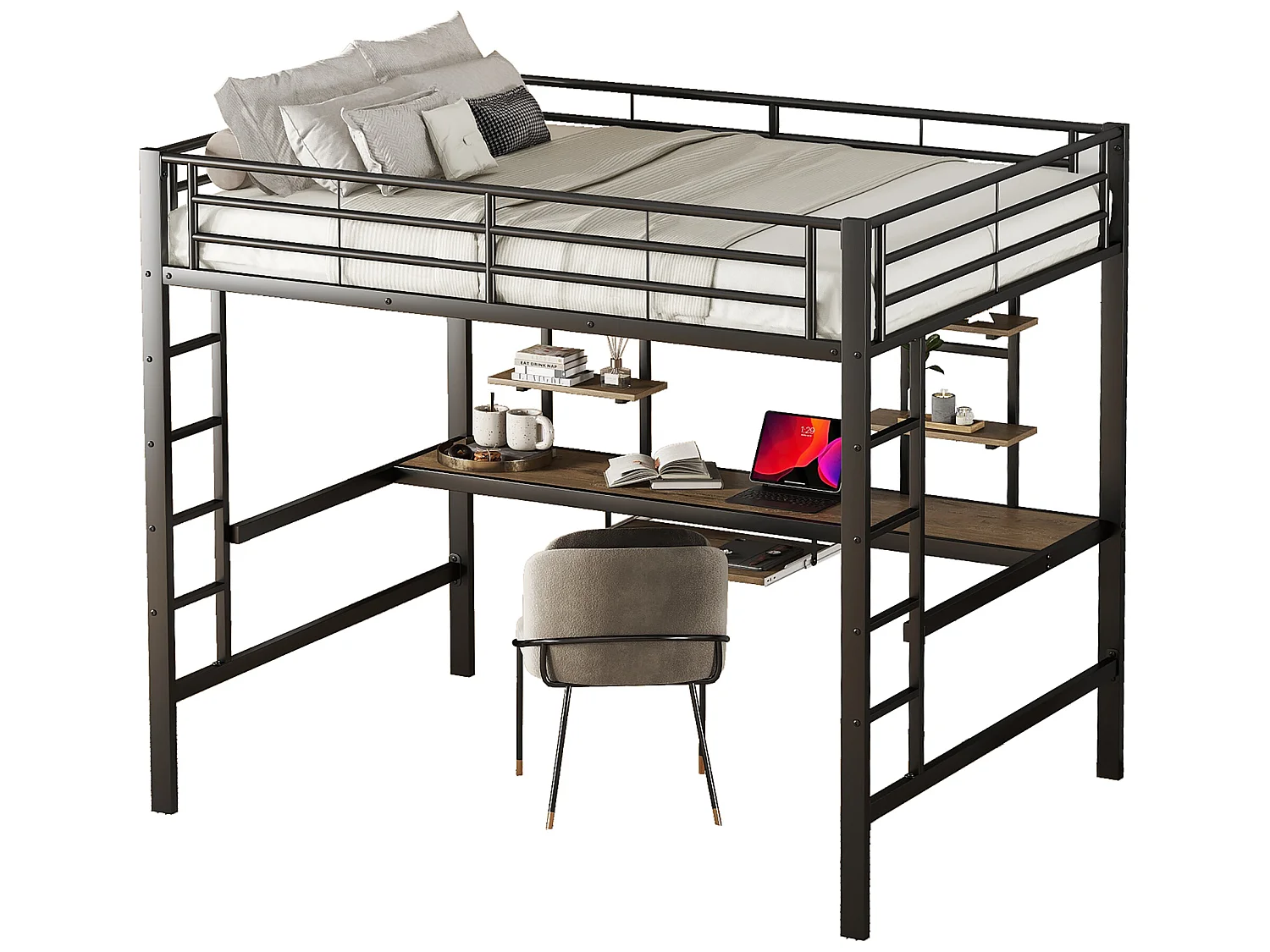 Hoogslaper 140x200cm - met bureau en planken - metalen frame - Zwart